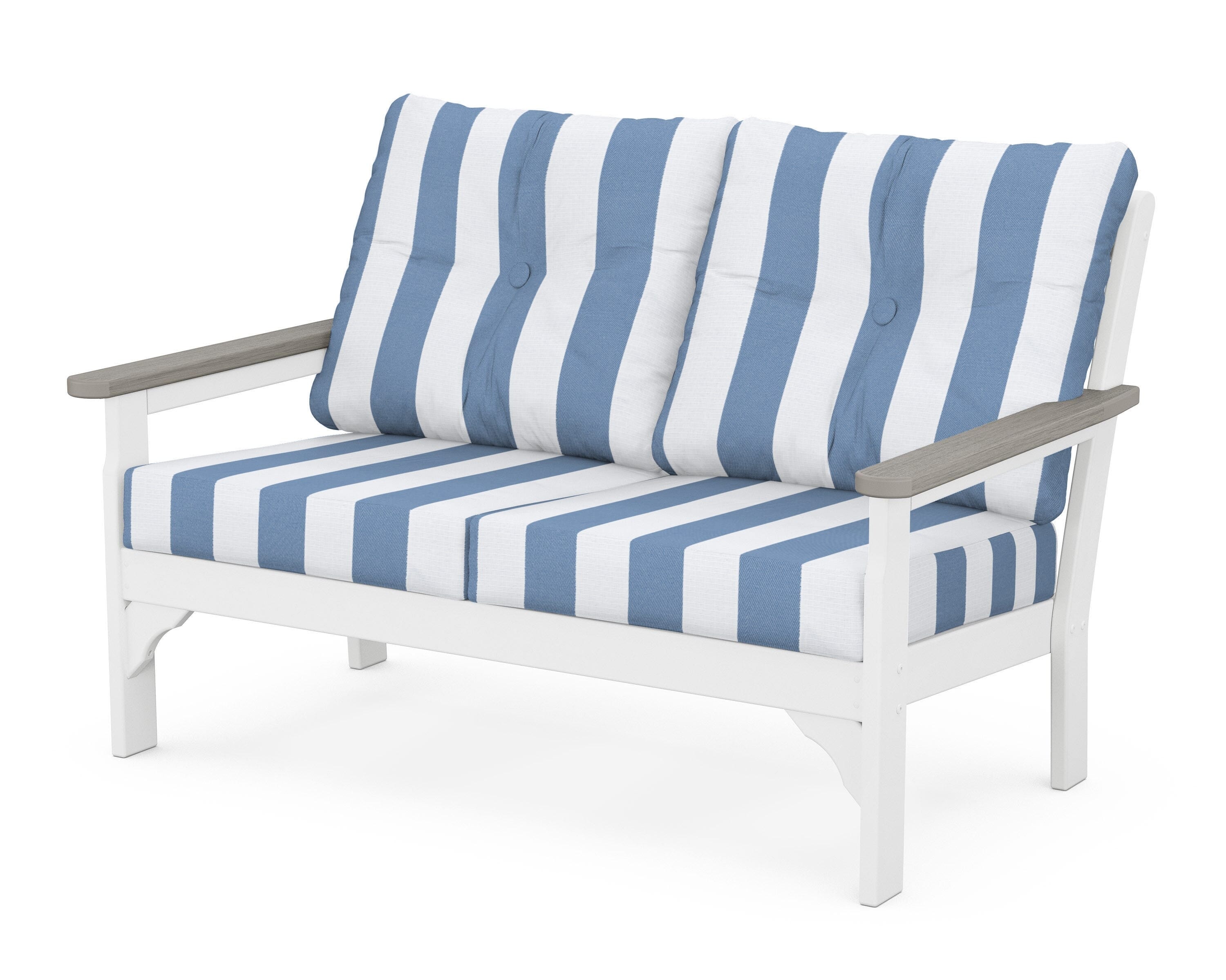 POLYWOOD® Vineyard Deep Seating Loveseat in White / Driftwood / Cabana Stripe Sky Blue