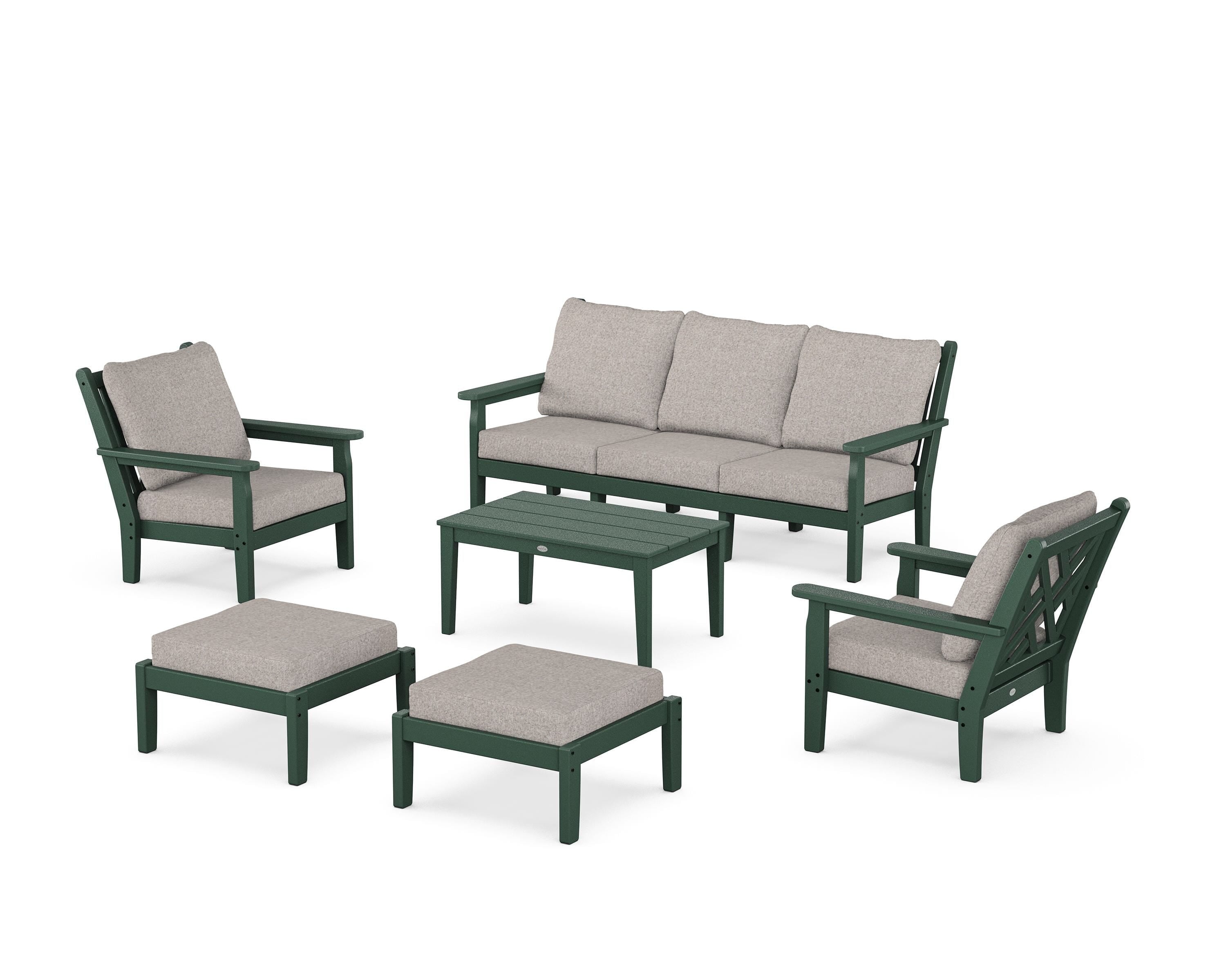 POLYWOOD® Chippendale 6-Piece Lounge Sofa Set in Green / Weathered Tweed