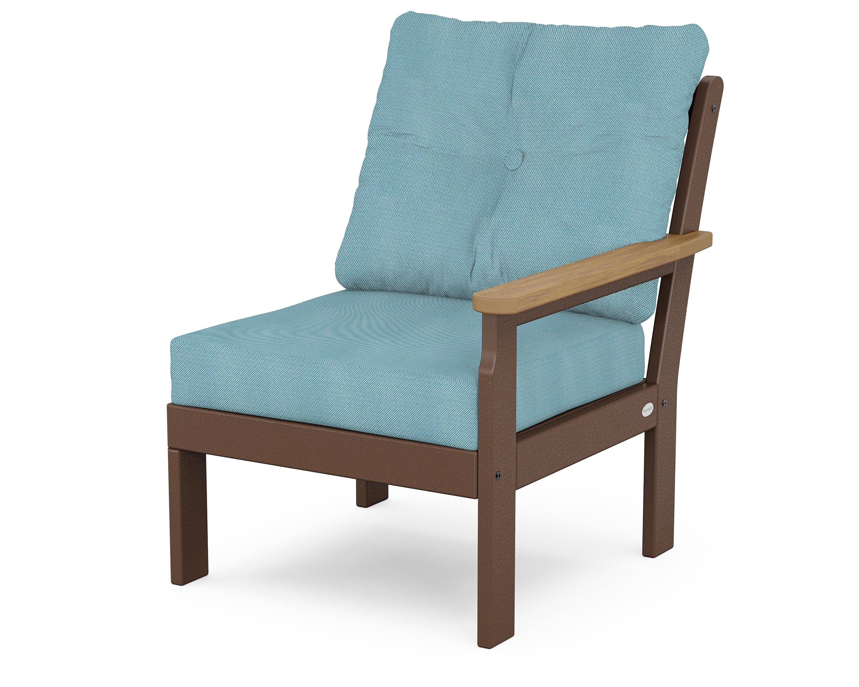 POLYWOOD® Vineyard Modular Right Arm Chair in Mahogany / Natural / Lattice Sky Blue