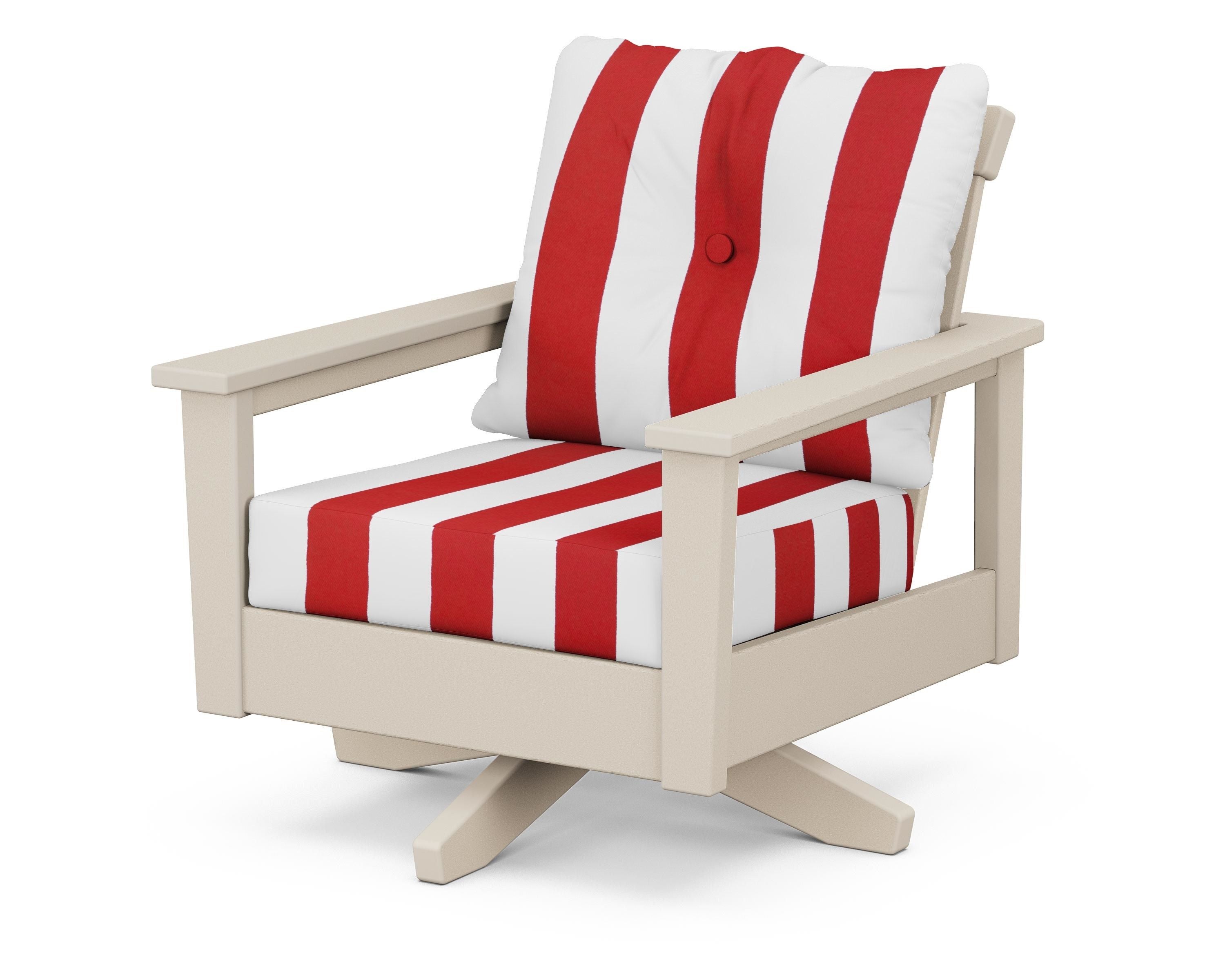 POLYWOOD® Prescott Deep Seating Swivel Chair in Sand / Cabana Stripe Crimson