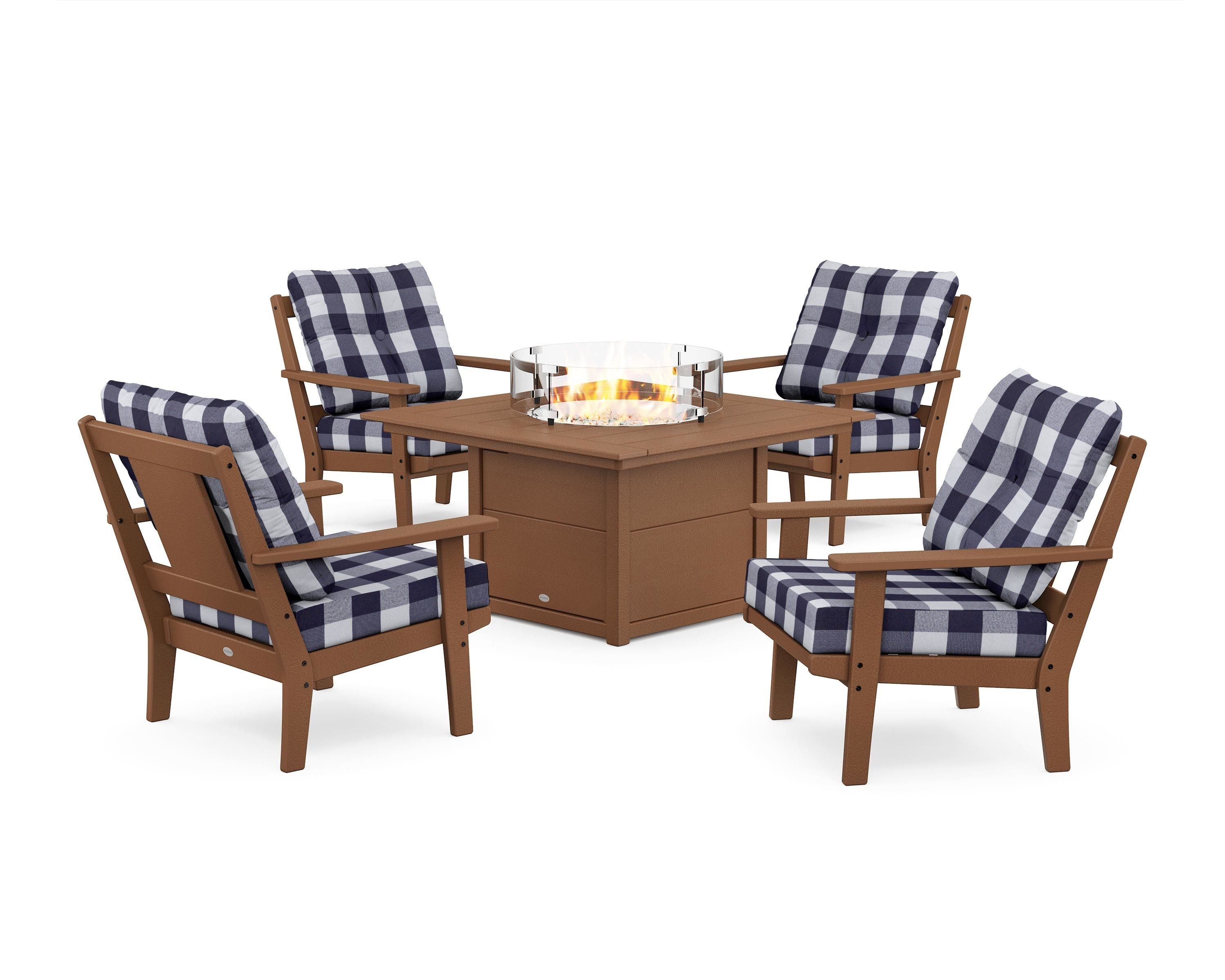 POLYWOOD® Prairie 5-Piece Deep Seating Set with Fire Pit Table in Teak / Buffalo Plaid Navy