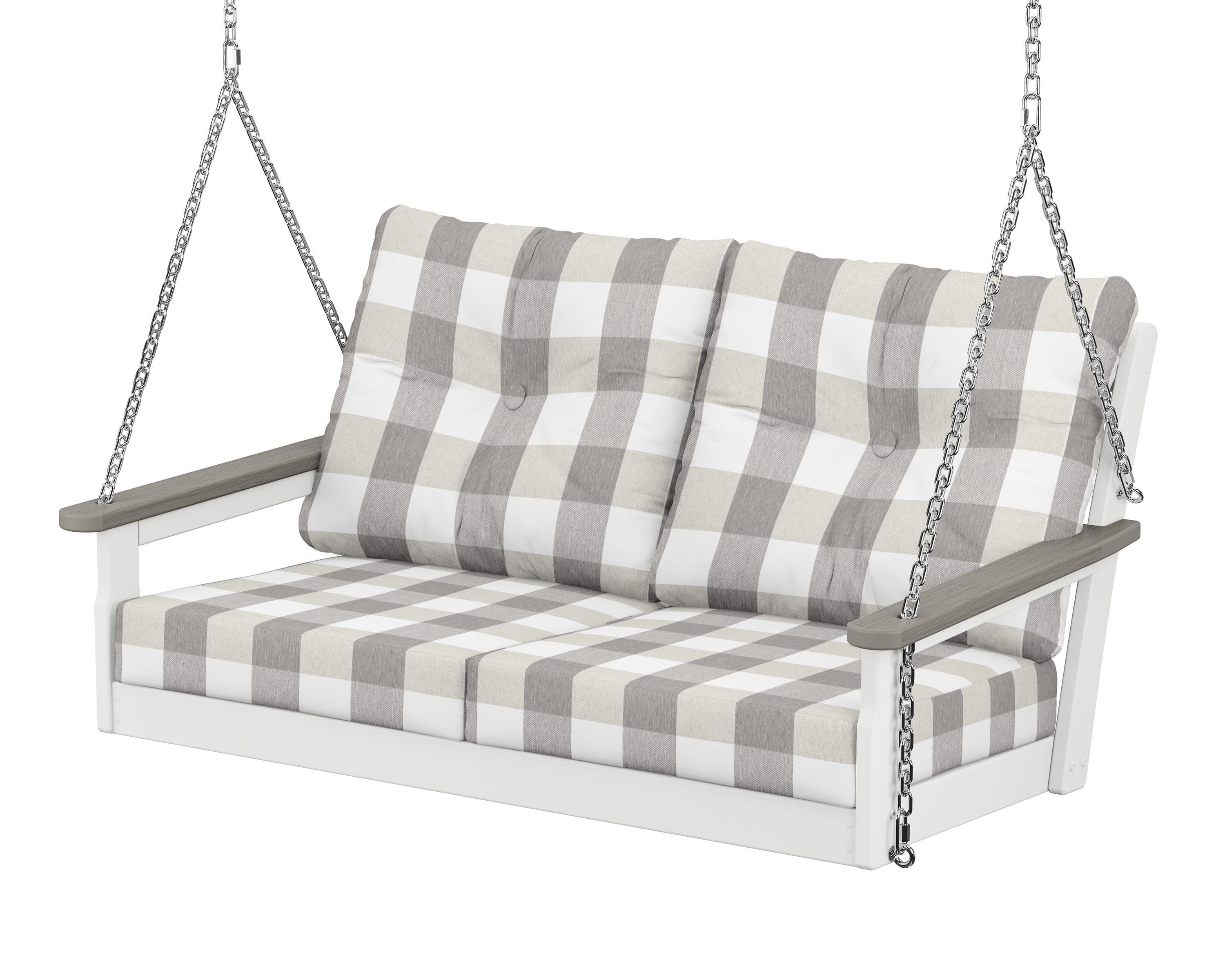 POLYWOOD® Vineyard Deep Seating Swing in White / Driftwood / Buffalo Plaid Grey Mist