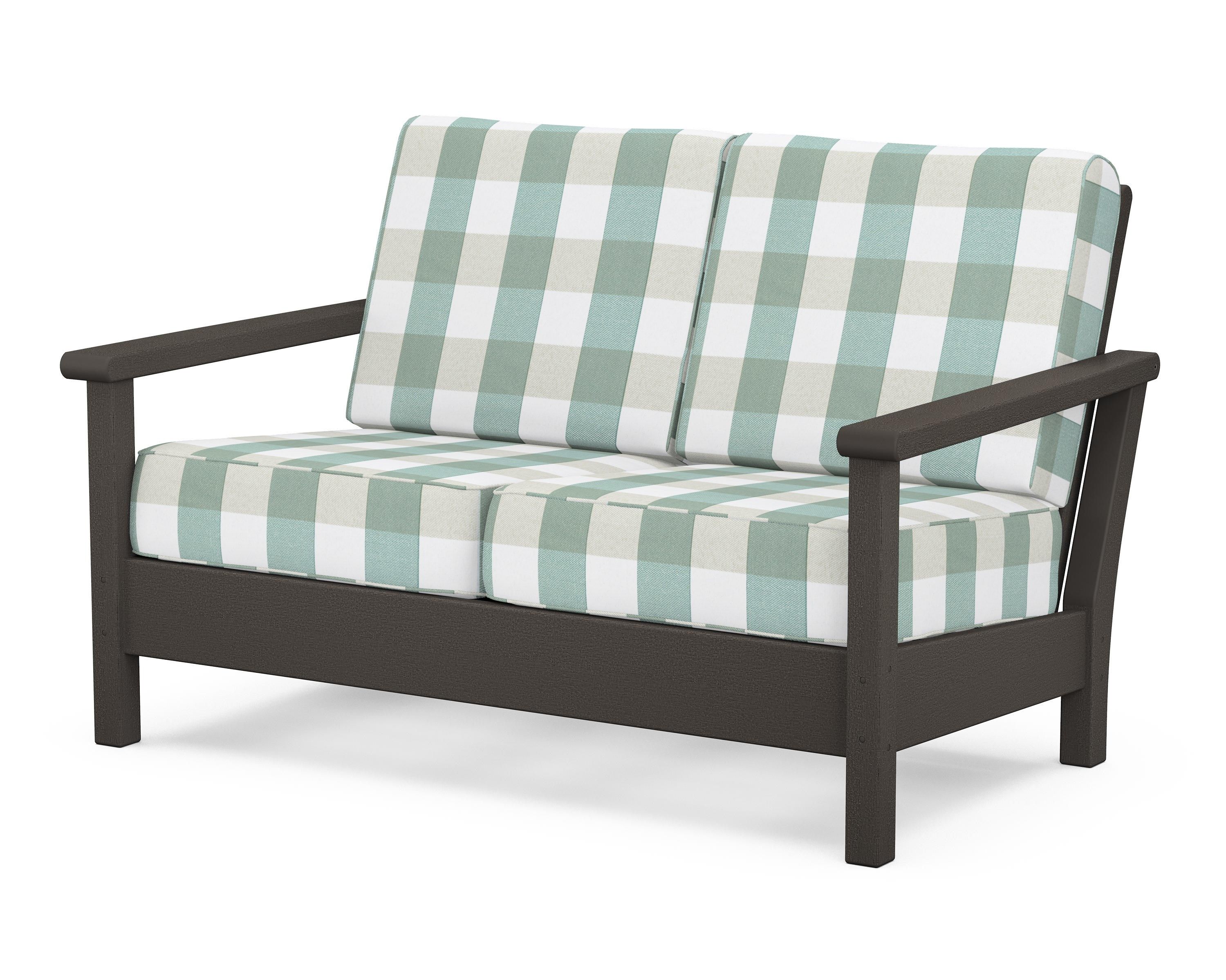 POLYWOOD® Harbour Deep Seating Loveseat in Vintage Coffee / Buffalo Plaid Glacier Spa
