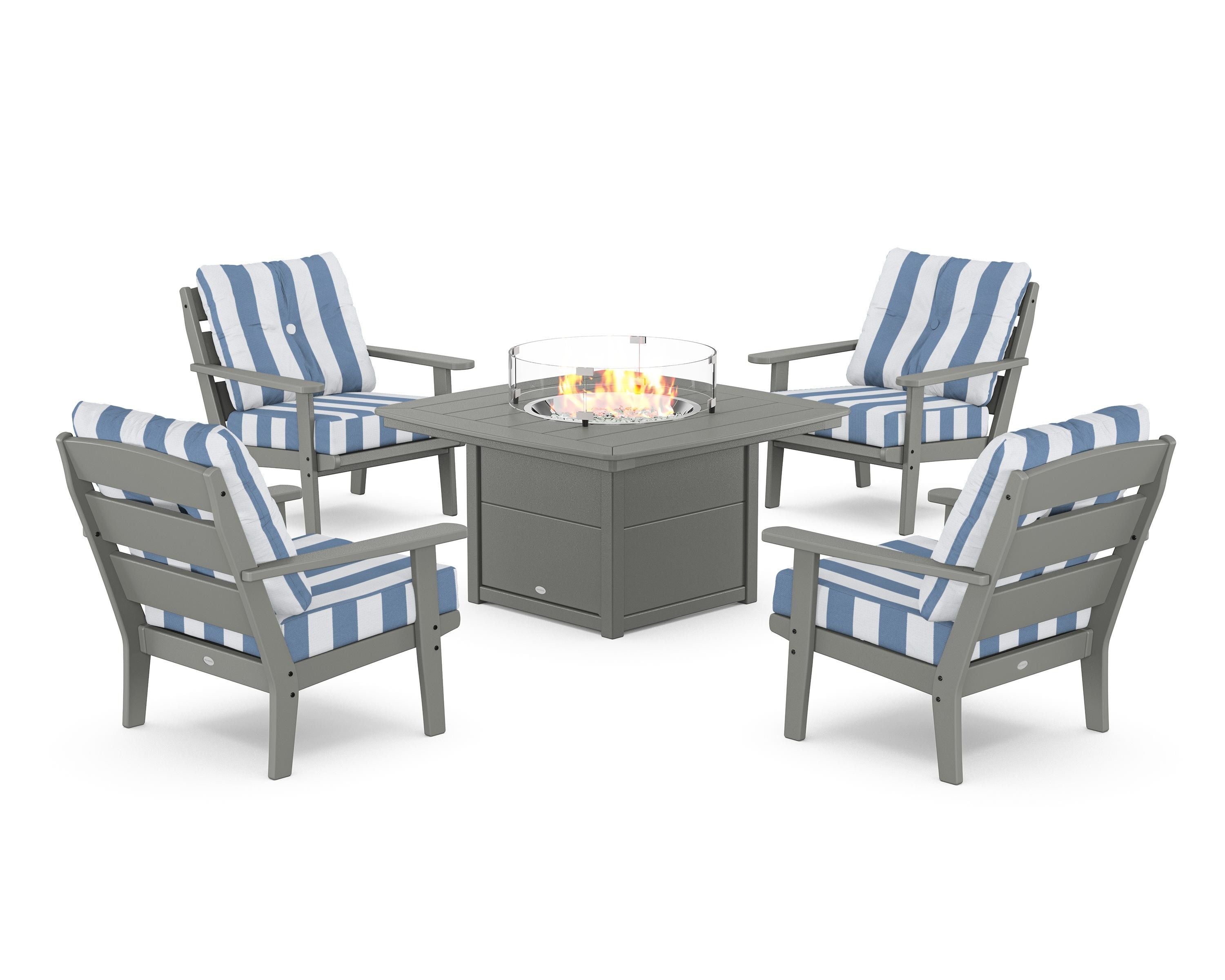 POLYWOOD® Lakeside 5-Piece Deep Seating Set with Nautical Fire Pit Table in Slate Grey / Cabana Stripe Sky Blue