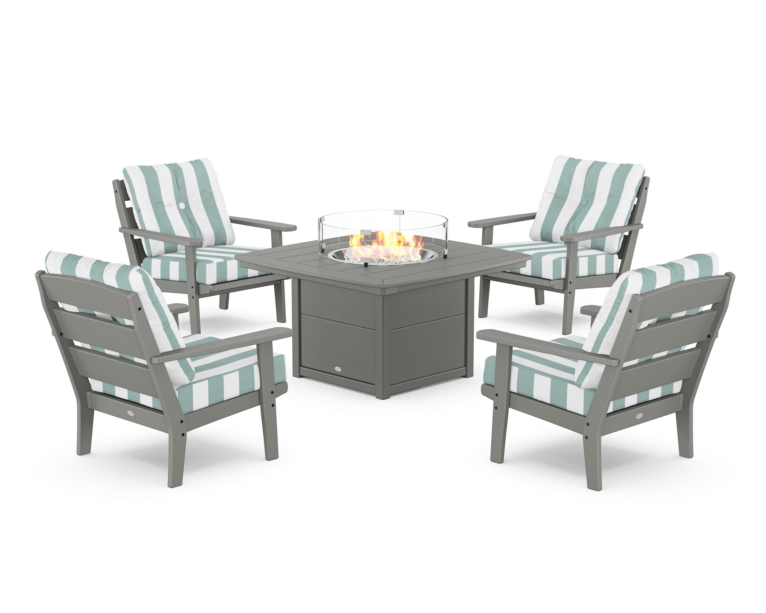 POLYWOOD® Lakeside 5-Piece Deep Seating Set with Nautical Fire Pit Table in Slate Grey / Cabana Stripe Glacier Spa