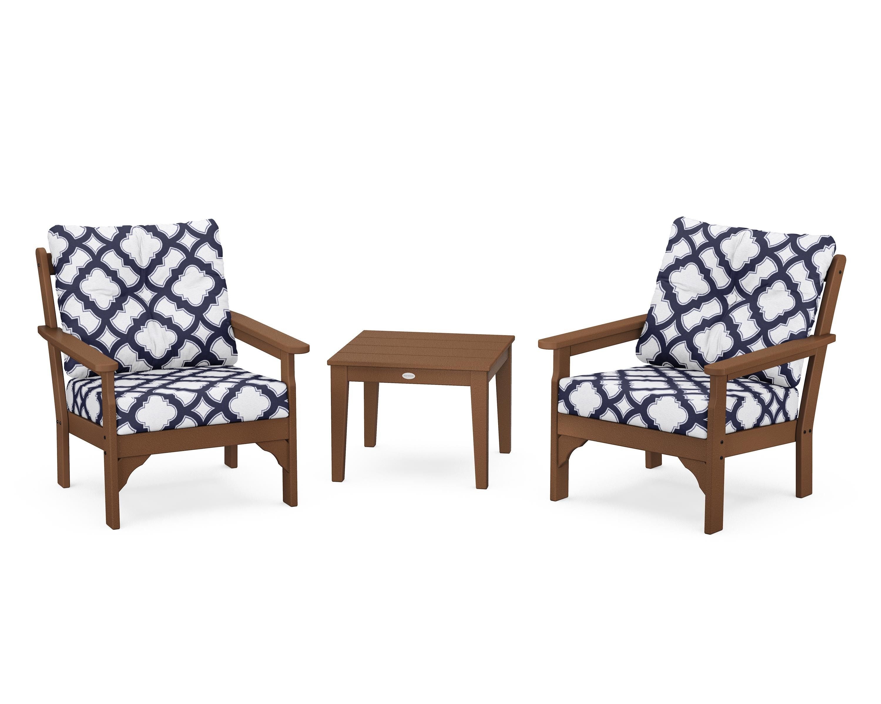POLYWOOD® Vineyard 3-Piece Deep Seating Set in Teak / Trellis Navy