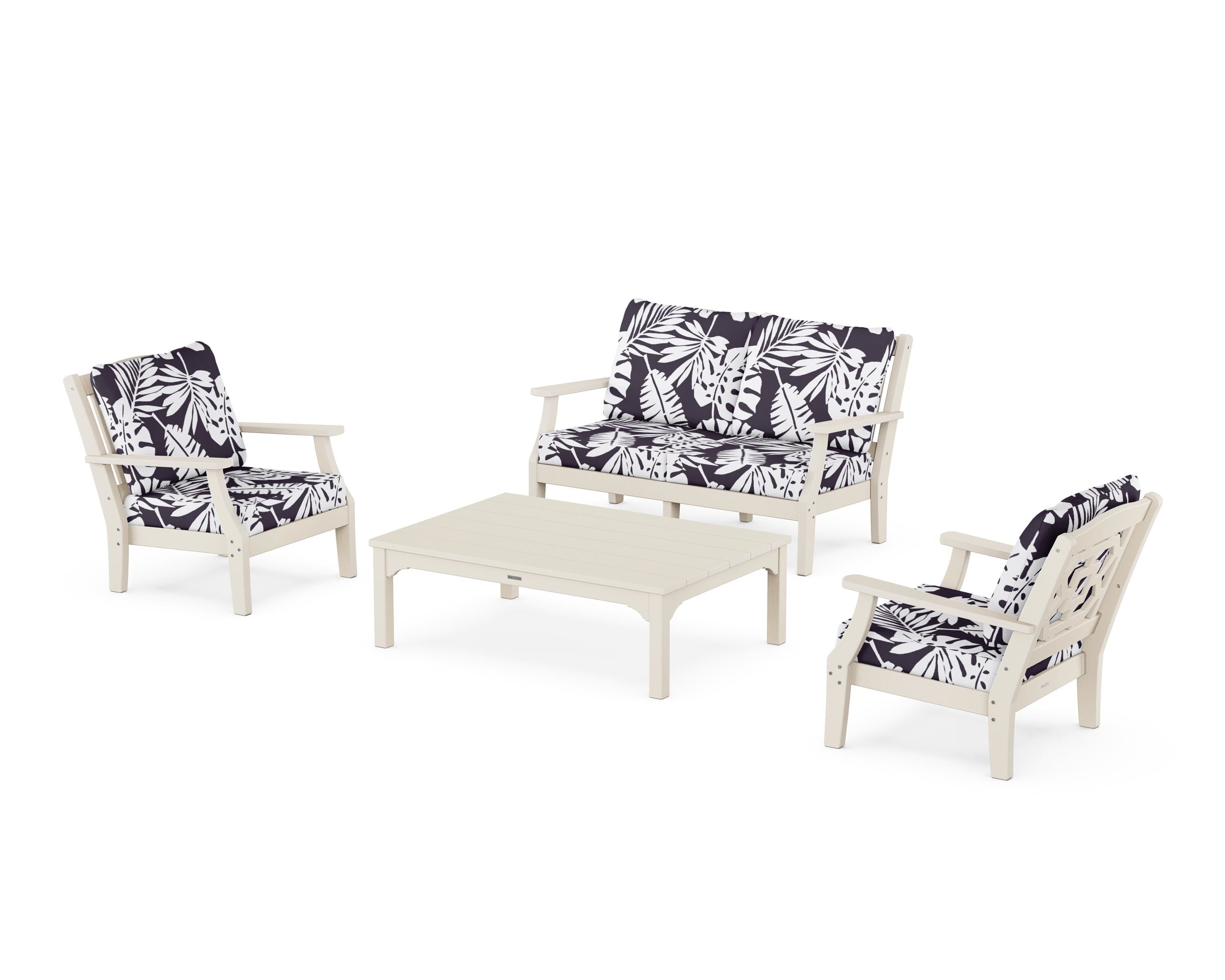 Martha Stewart by POLYWOOD® Chinoiserie 4-Piece Deep Seating Set with Loveseat in Sand / Leaf Navy