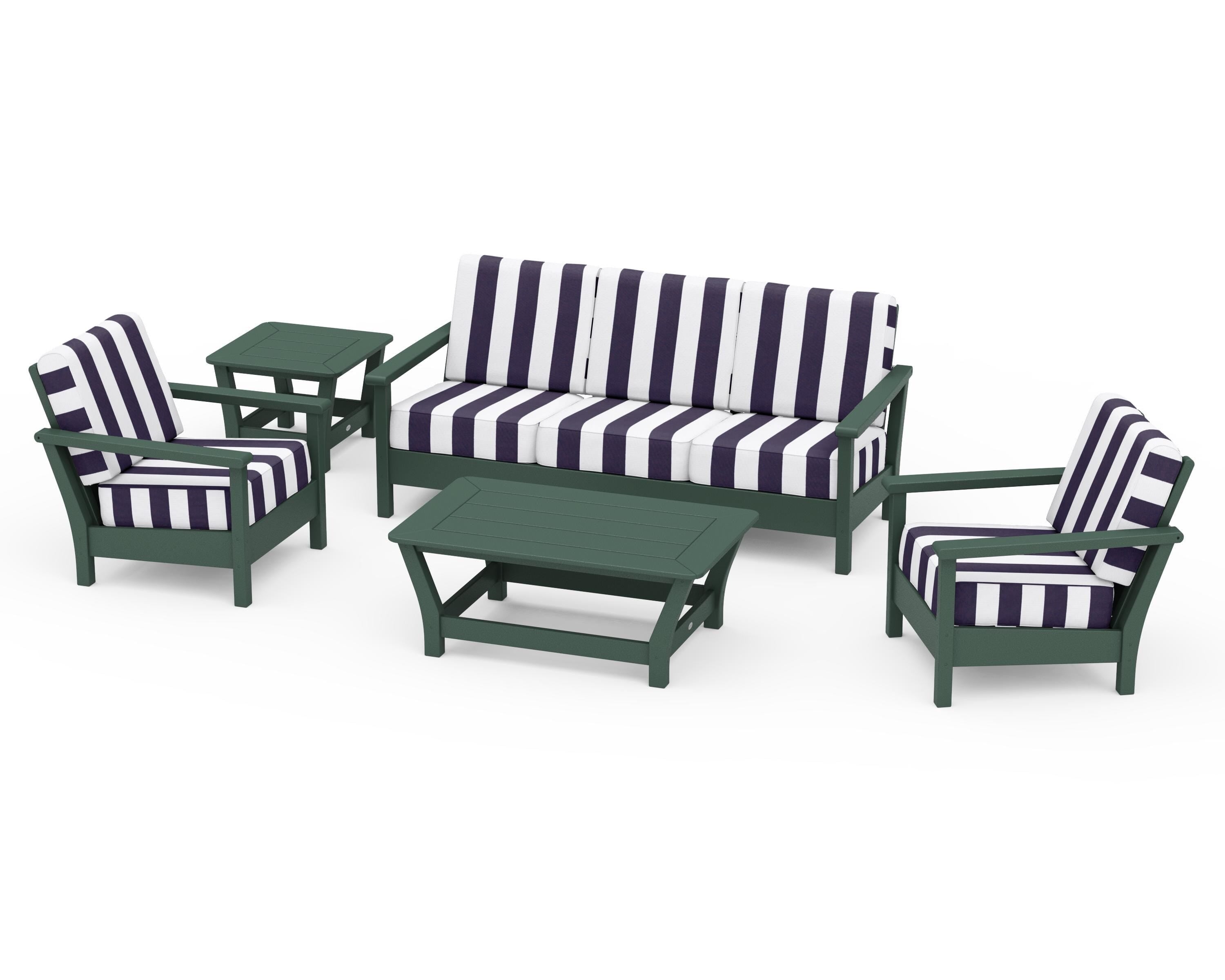 POLYWOOD® Harbour 5-Piece Deep Seating Set in Green / Cabana Stripe Navy