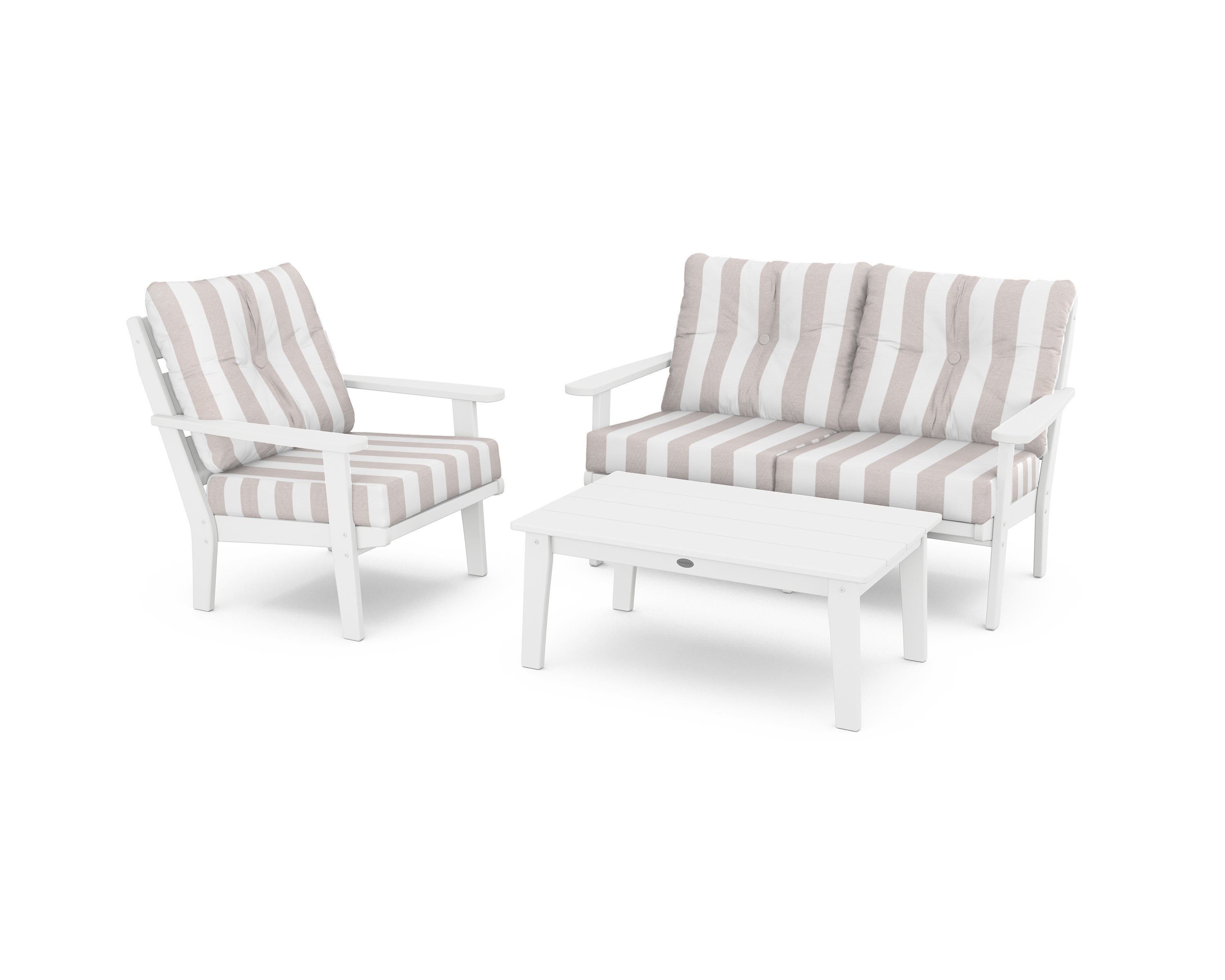 POLYWOOD® Lakeside 3-Piece Deep Seating Set in White / Cabana Stripe Dune Burlap