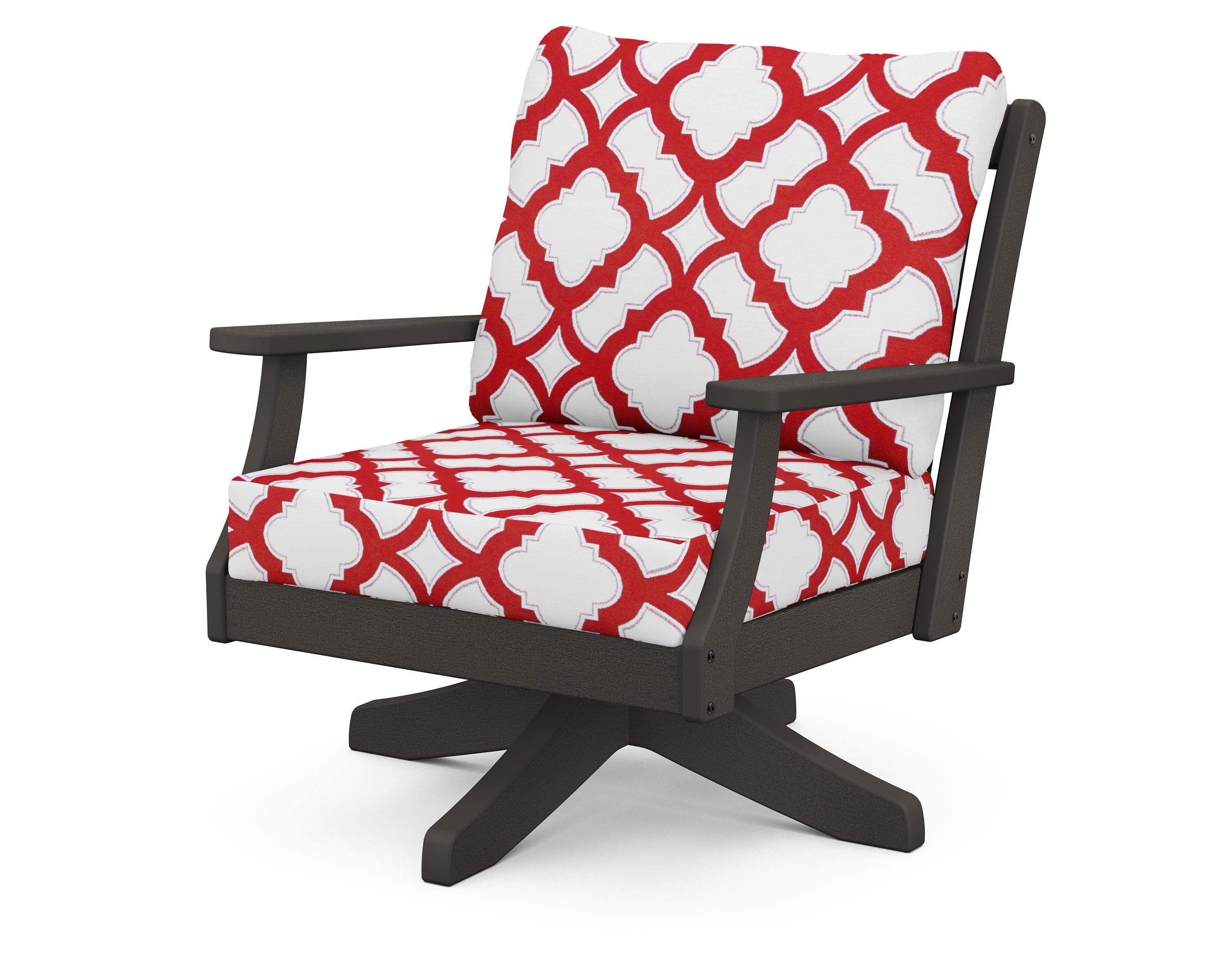 POLYWOOD® Braxton Deep Seating Swivel Chair in Vintage Coffee / Trellis Crimson