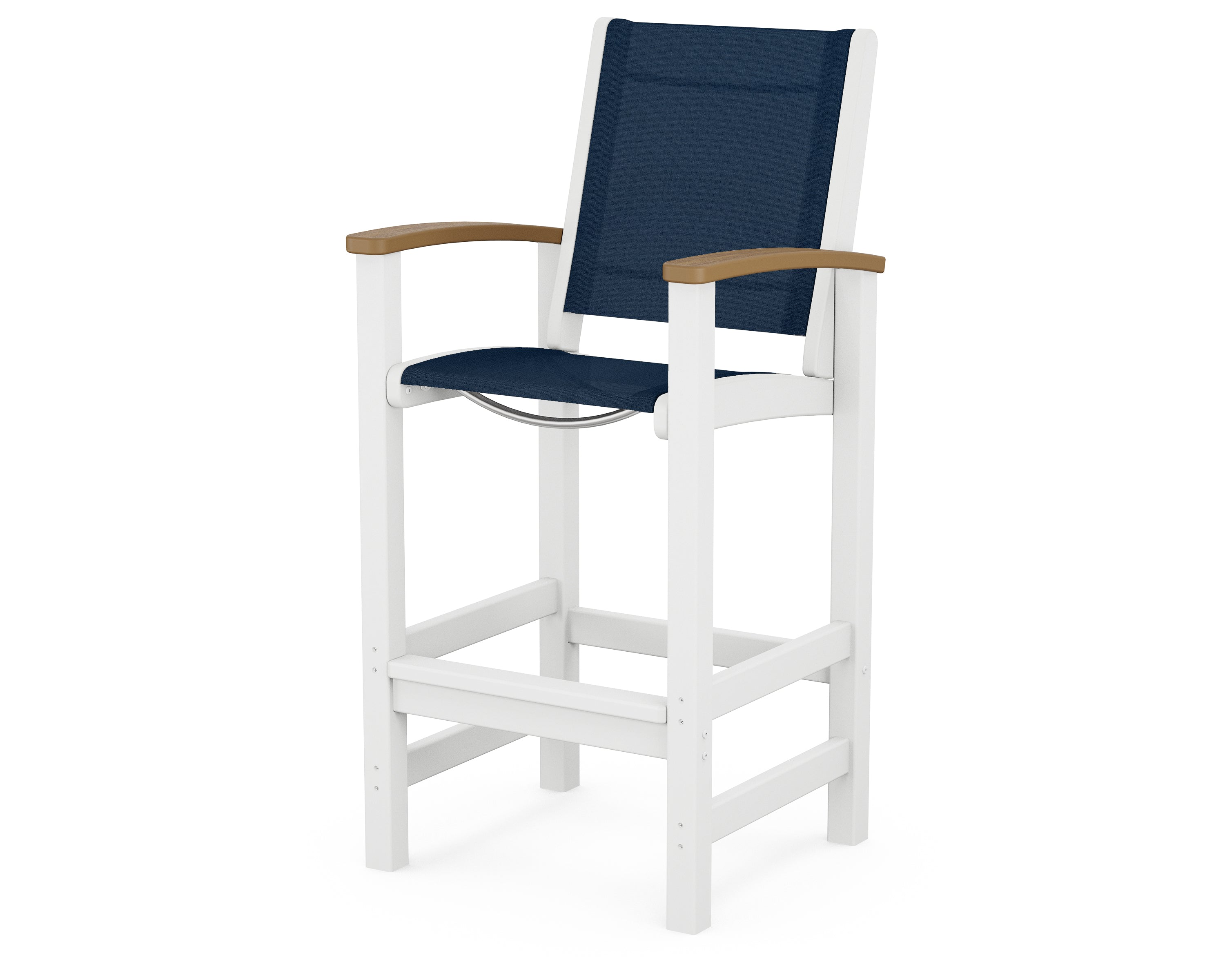 POLYWOOD® Coastal Bar Chair in White / Natural / Navy Blue Sling