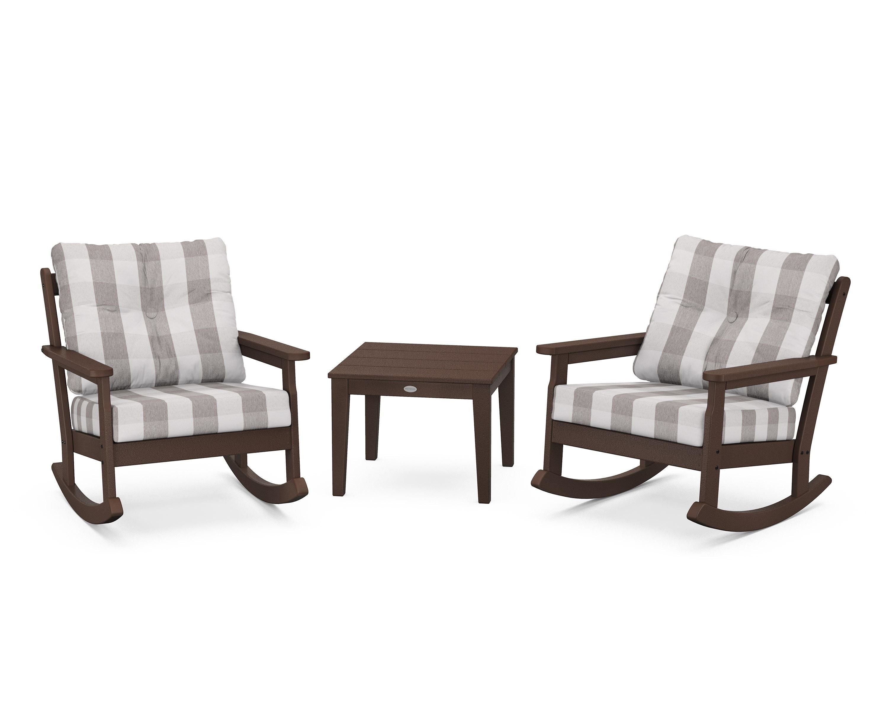 POLYWOOD® Vineyard 3-Piece Deep Seating Rocker Set in Mahogany / Buffalo Plaid Grey Mist