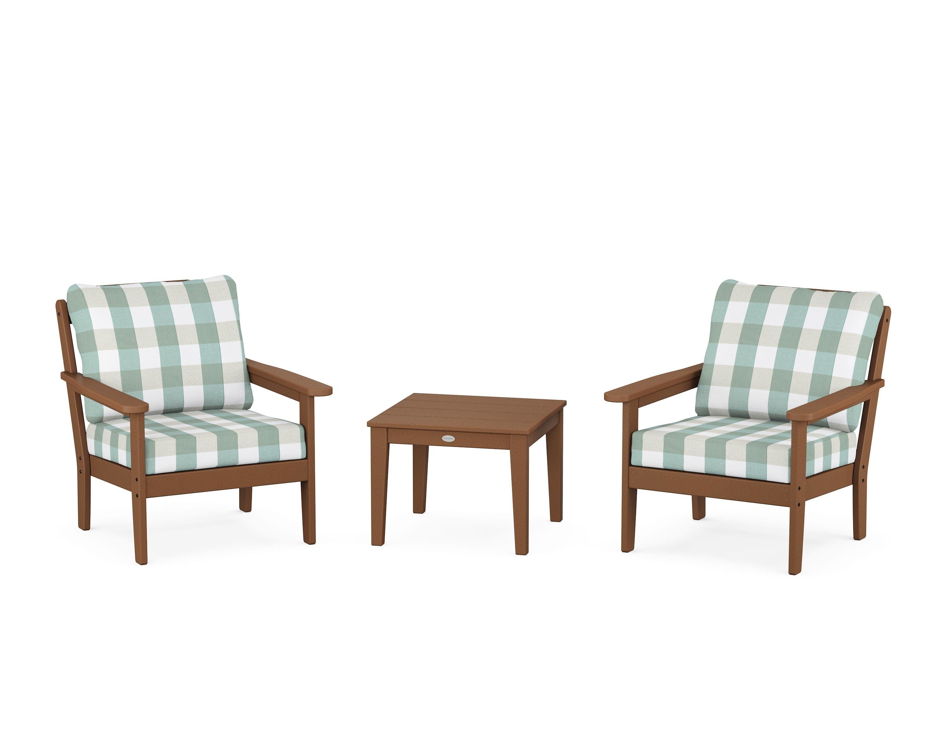 Country Living Cottage 3-Piece Deep Seating Set in Teak / Buffalo Plaid Glacier Spa