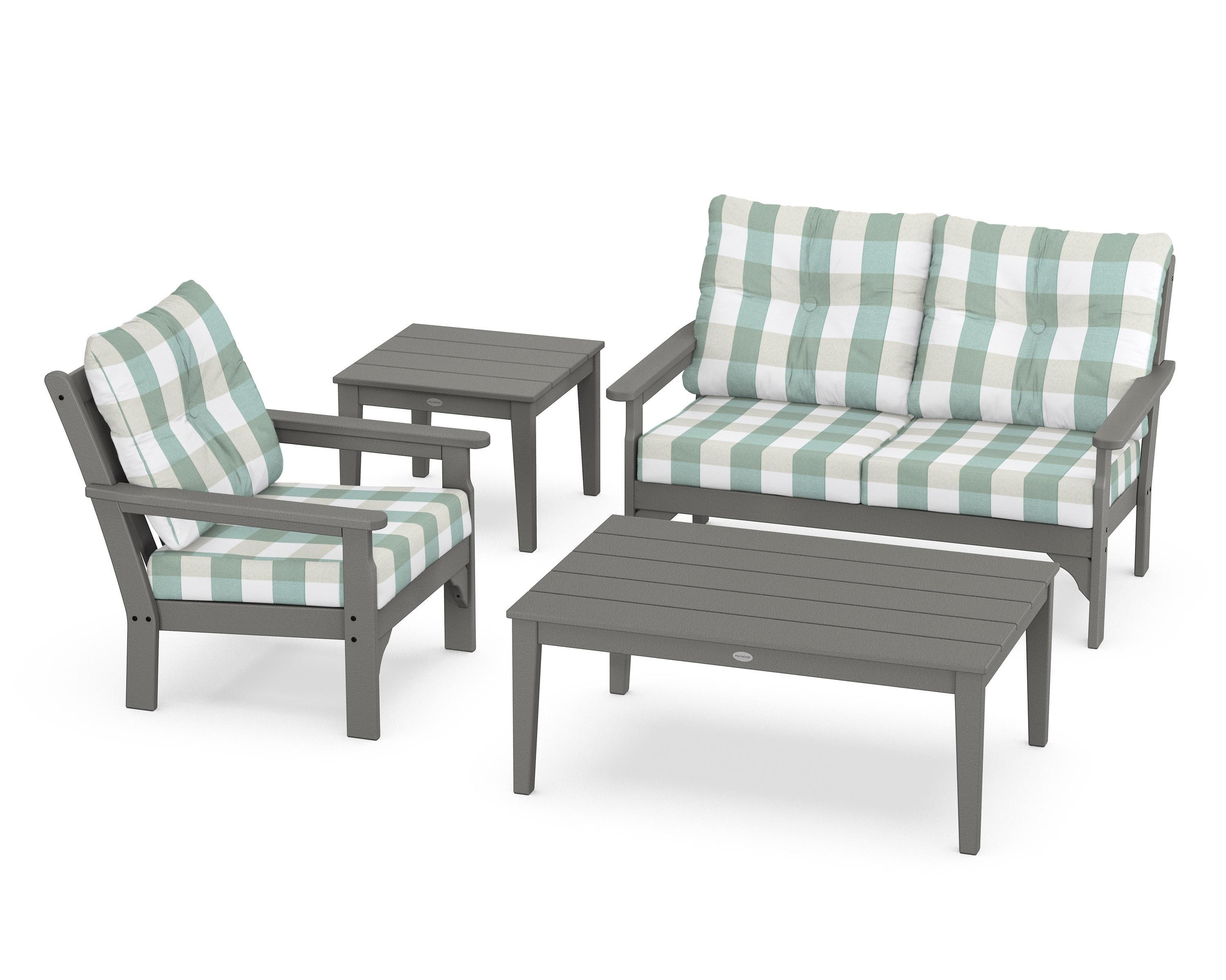 POLYWOOD® Vineyard 4-Piece Deep Seating Set in Slate Grey / Buffalo Plaid Glacier Spa