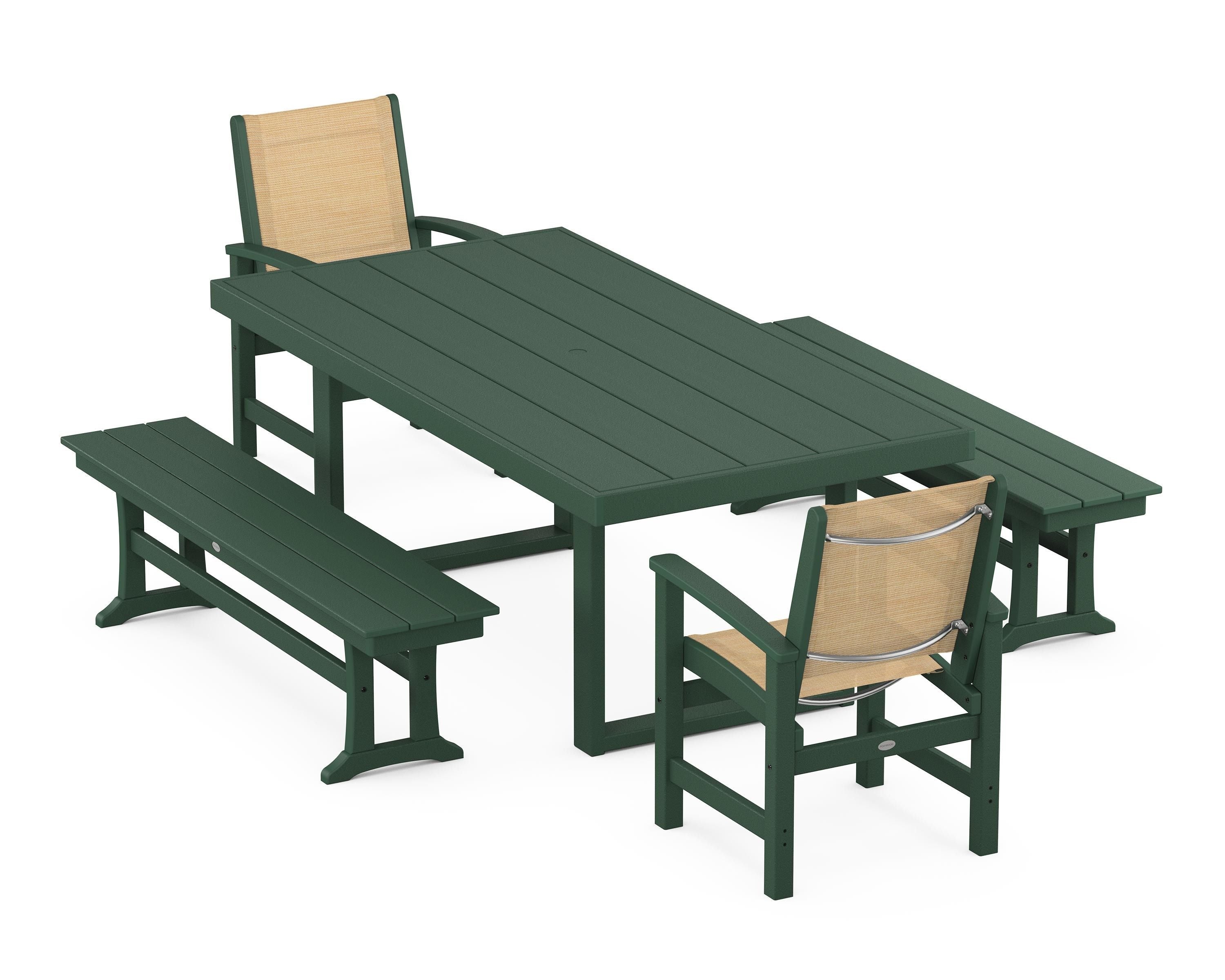 POLYWOOD® Coastal 5-Piece Dining Set with Trestle Legs in Green / Dupioni Apricot Sling