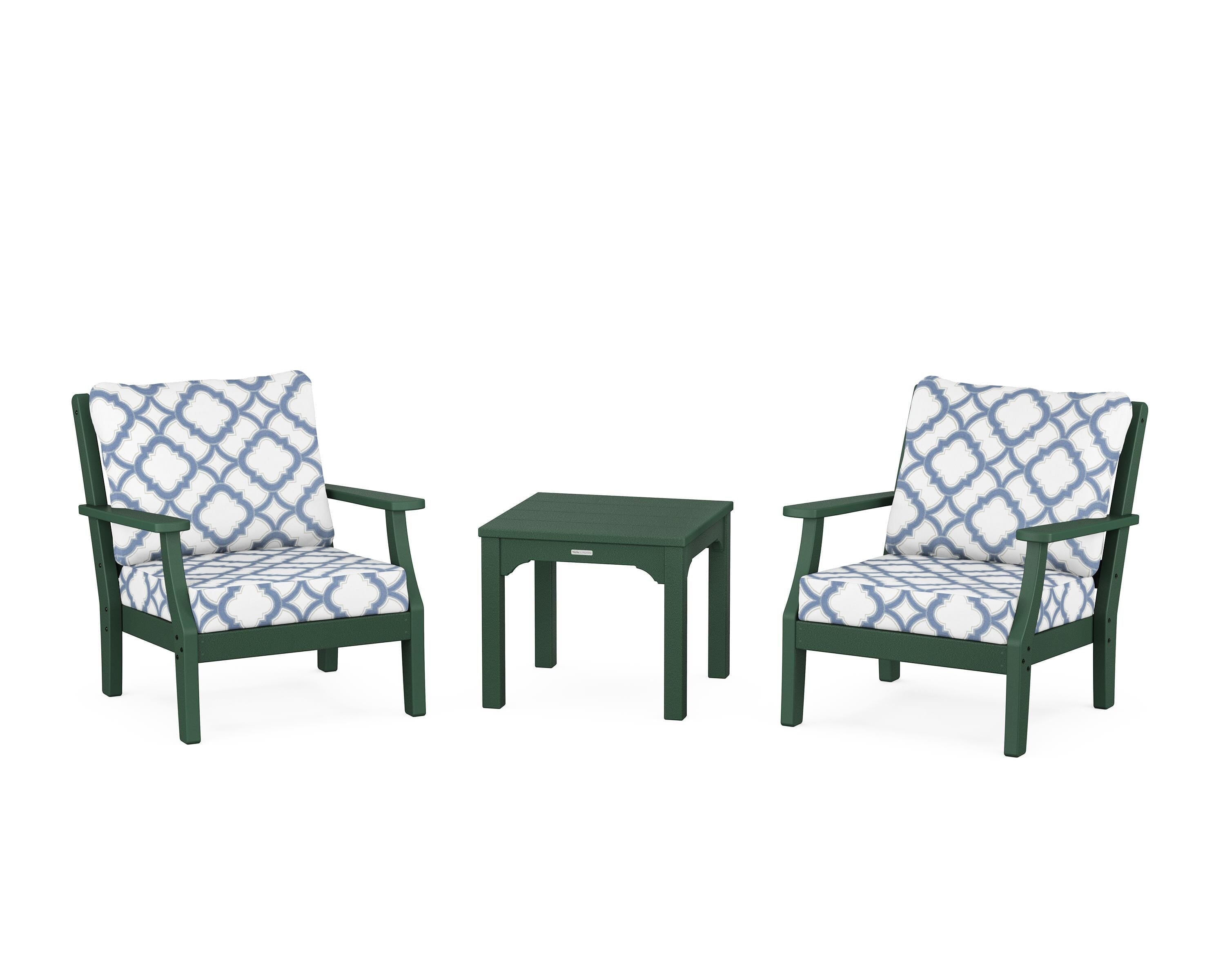Martha Stewart by POLYWOOD® Chinoiserie 3-Piece Deep Seating Set in Green / Trellis Sky Blue