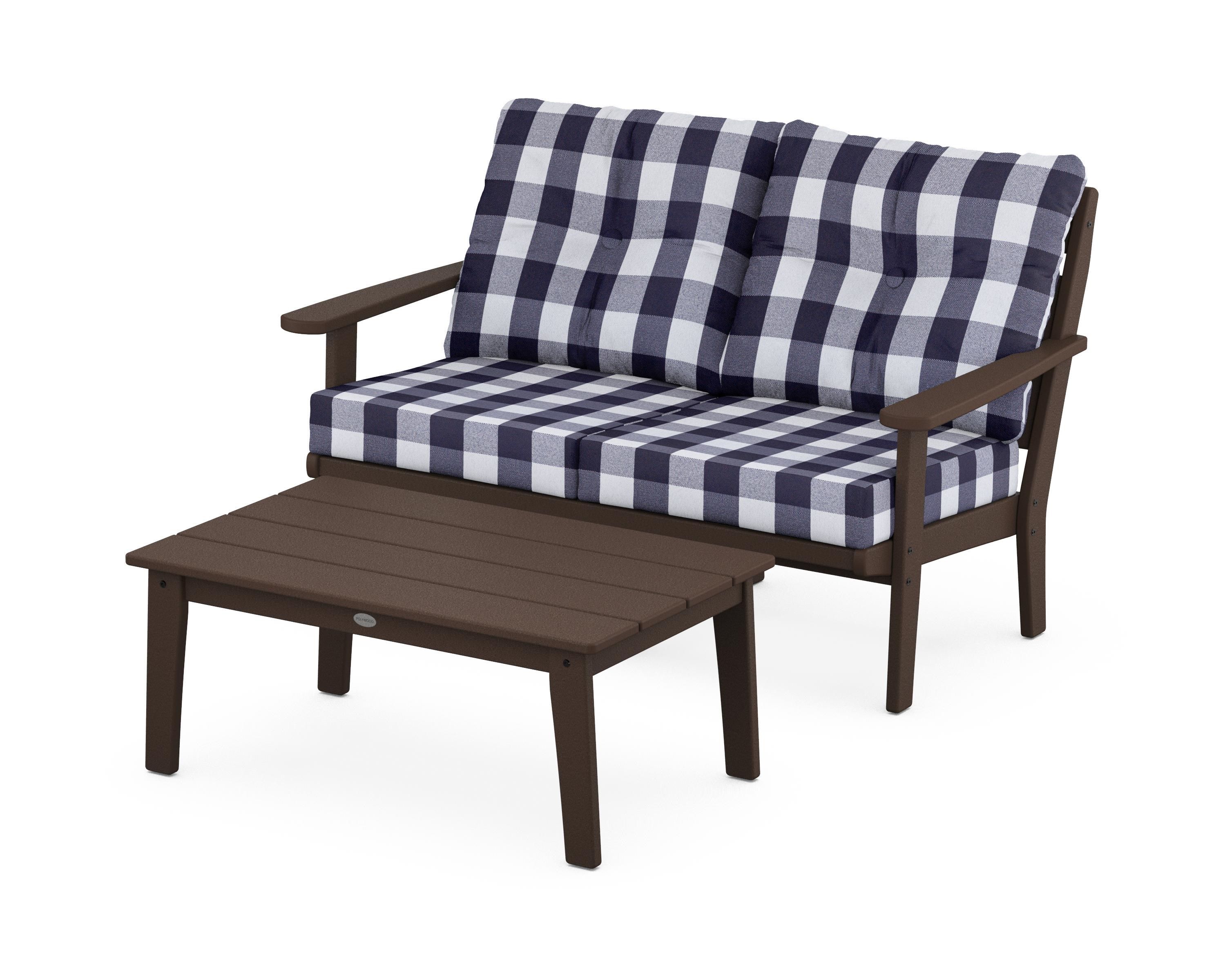 POLYWOOD® Lakeside 2-Piece Lounge Loveseat Set in Mahogany / Buffalo Plaid Navy