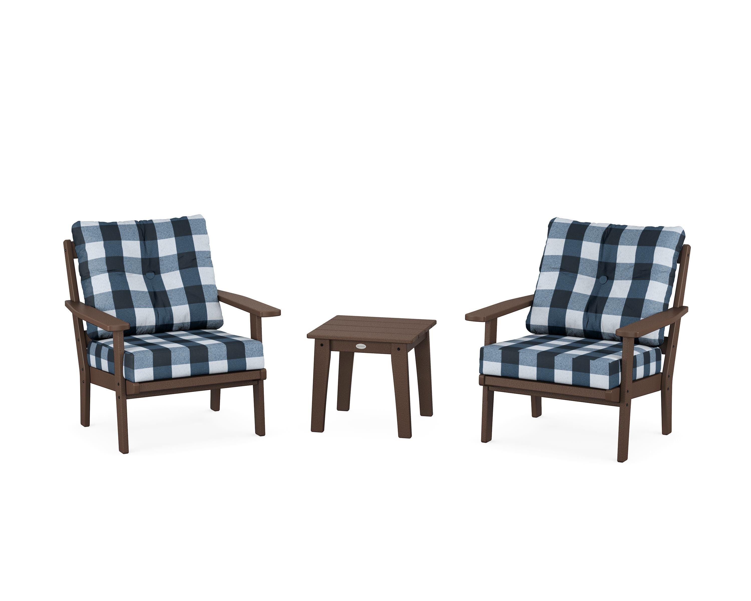 POLYWOOD® Prairie 3-Piece Deep Seating Set in Mahogany / Buffalo Plaid Marine Indigo