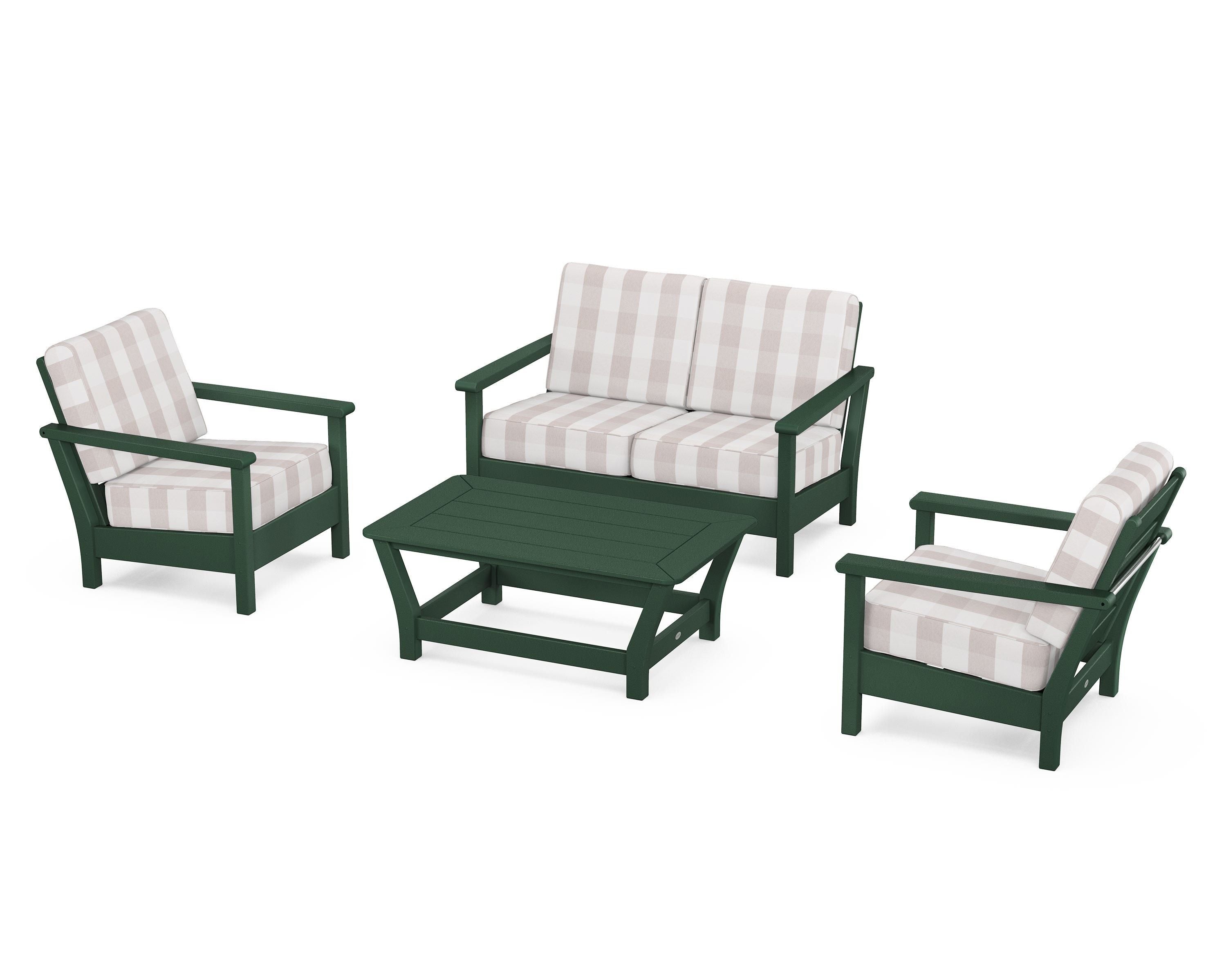 POLYWOOD® Harbour 4-Piece Deep Seating Set in Green / Buffalo Plaid Dune Burlap