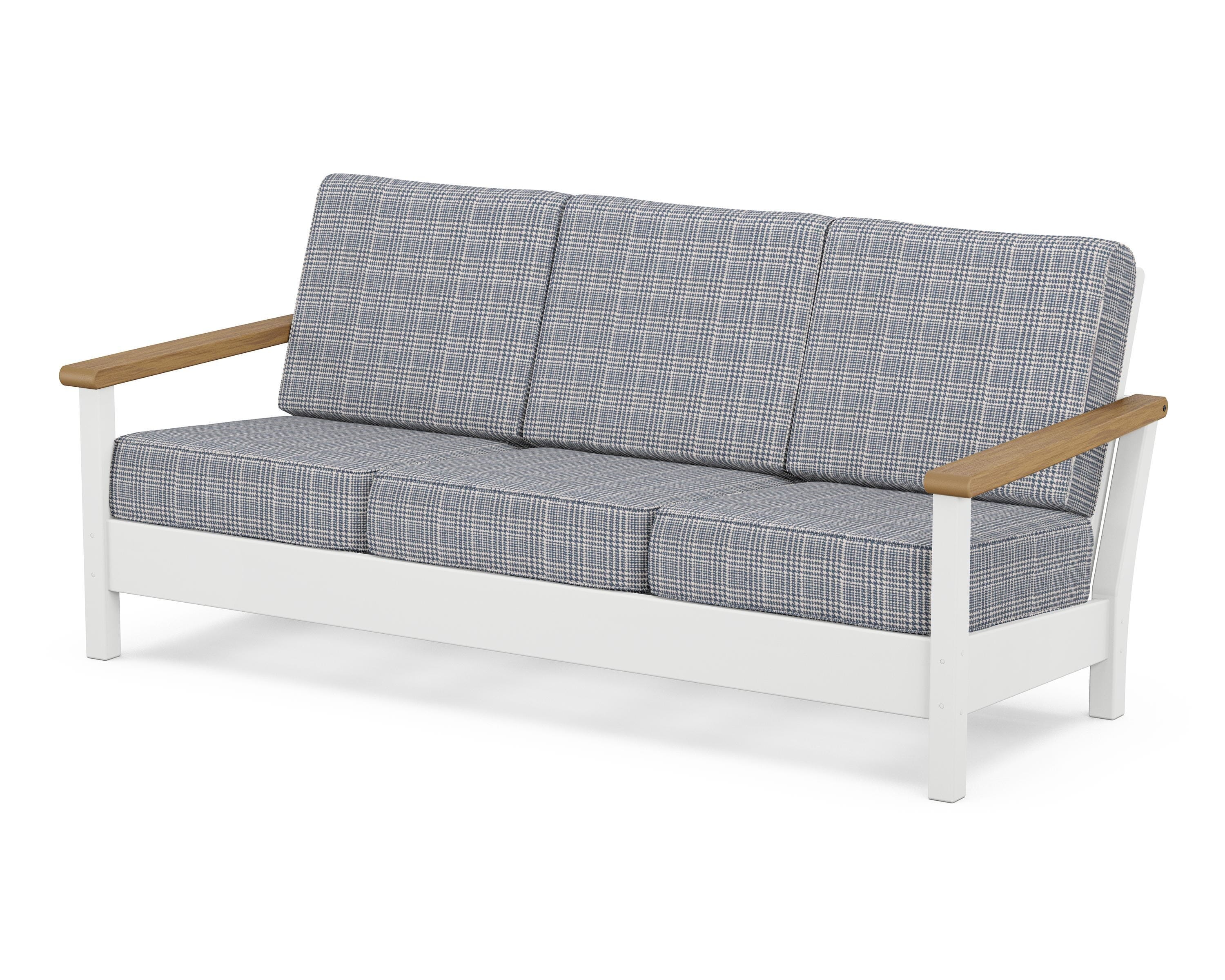 POLYWOOD® Harbour Deep Seating Sofa in White / Natural / Houndstooth Sky Blue