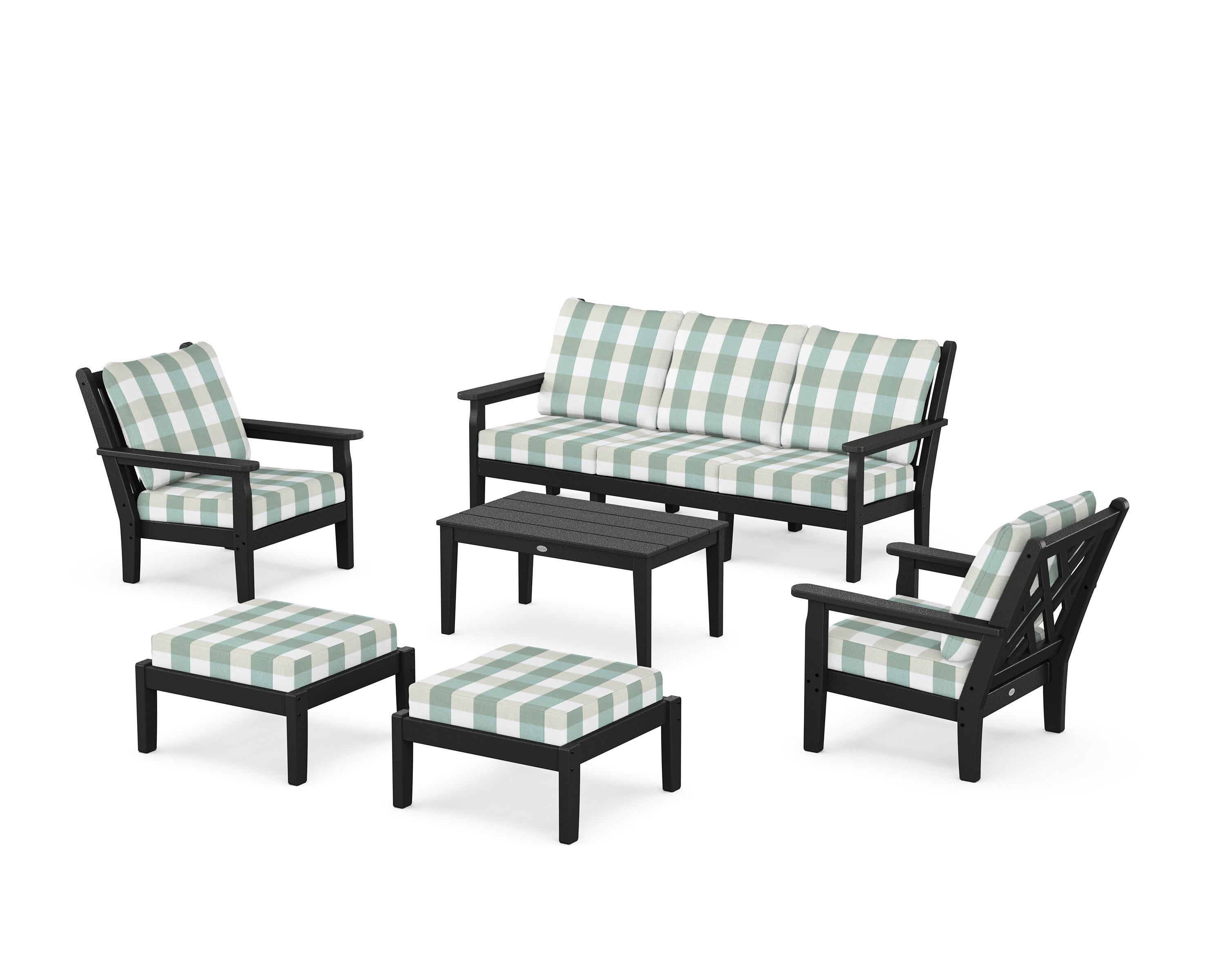POLYWOOD® Chippendale 6-Piece Lounge Sofa Set in Black / Buffalo Plaid Glacier Spa