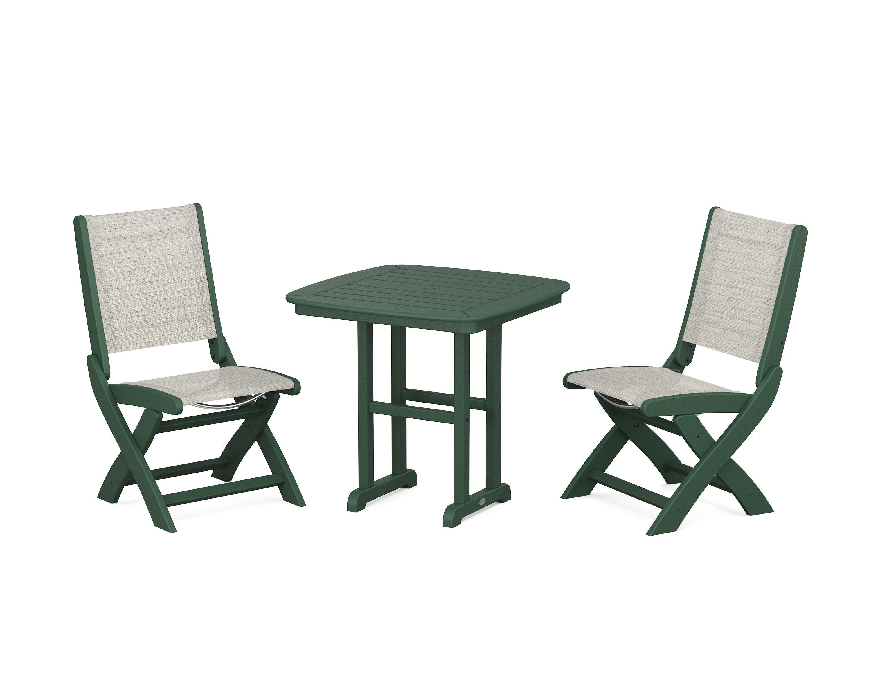 POLYWOOD® Coastal Folding Side Chair 3-Piece Dining Set in Green / Birch Sling