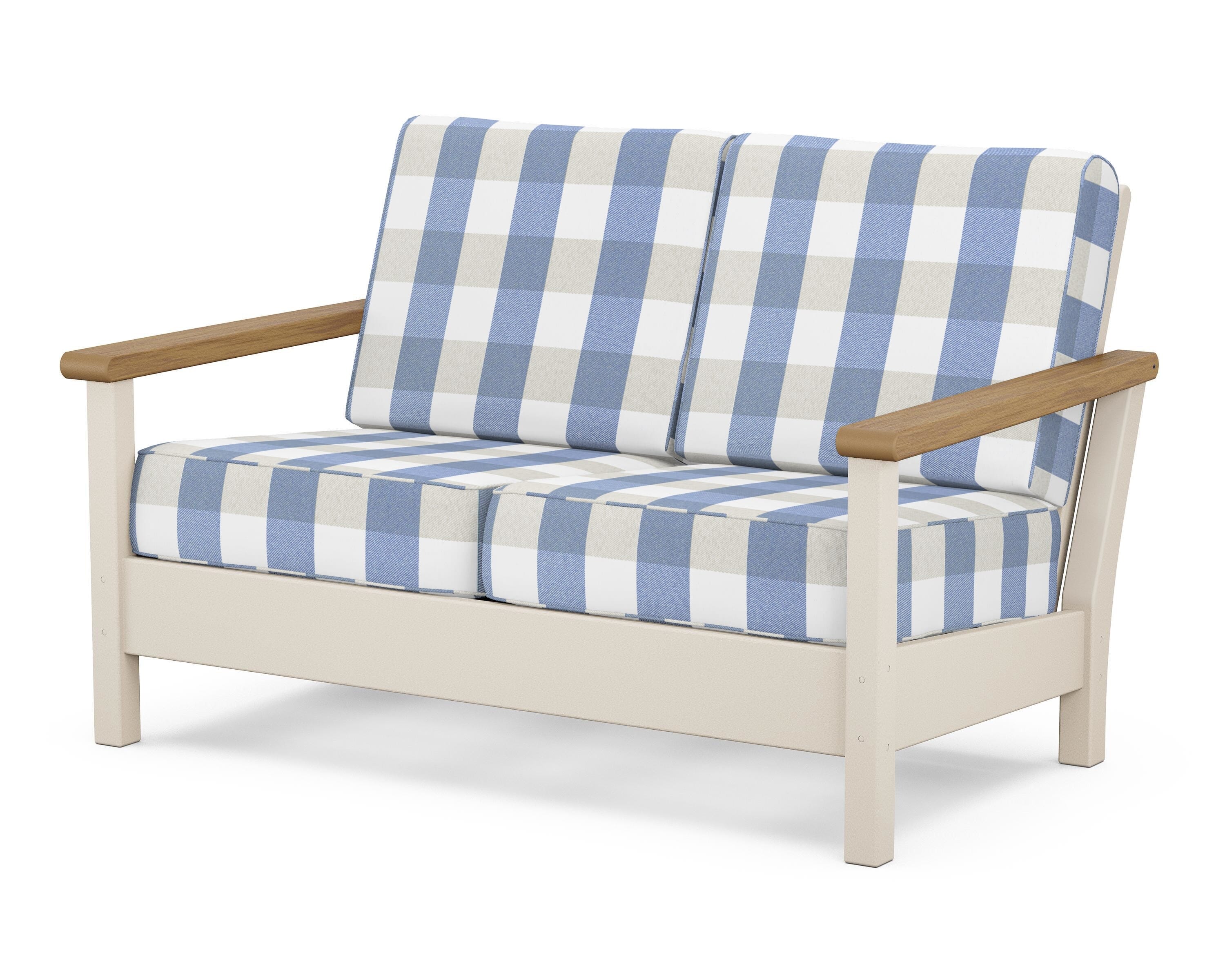 POLYWOOD® Harbour Deep Seating Loveseat in Sand / Natural / Buffalo Plaid Sky Blue