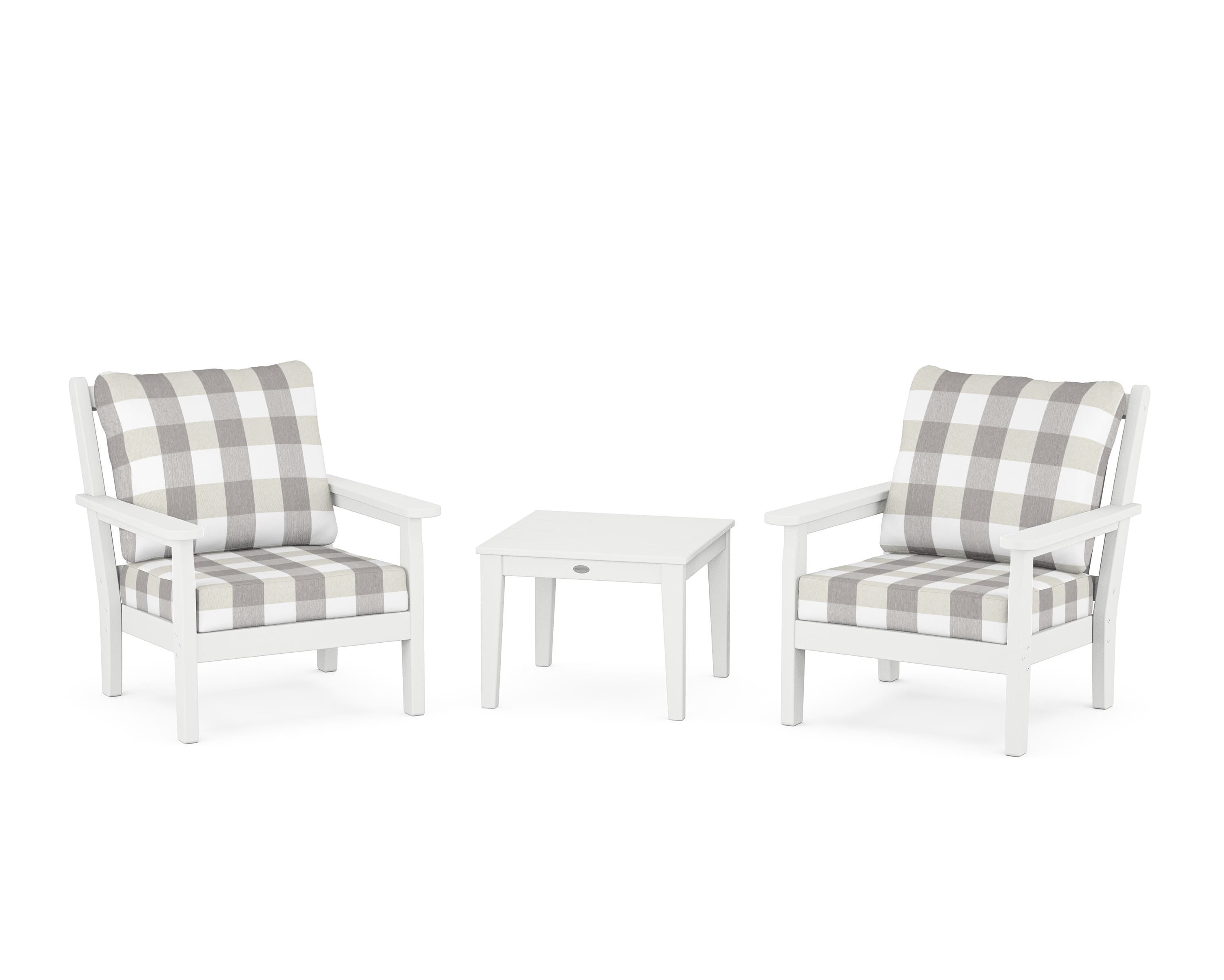 POLYWOOD® Chippendale 3-Piece Deep Seating Set in White / Buffalo Plaid Grey Mist