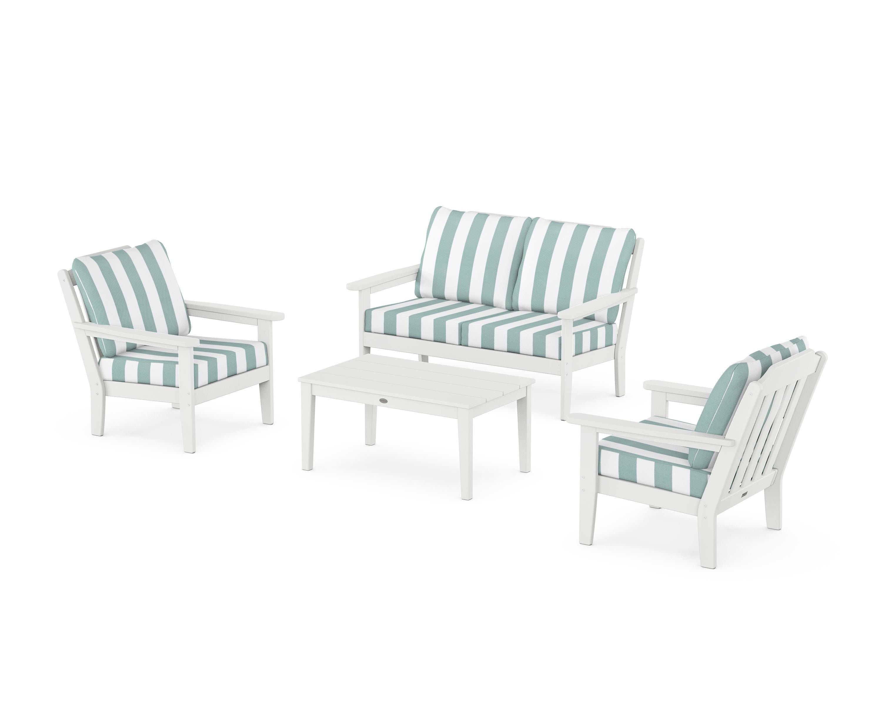 Country Living Cottage 4-Piece Deep Seating Set with Loveseat in White / Cabana Stripe Glacier Spa