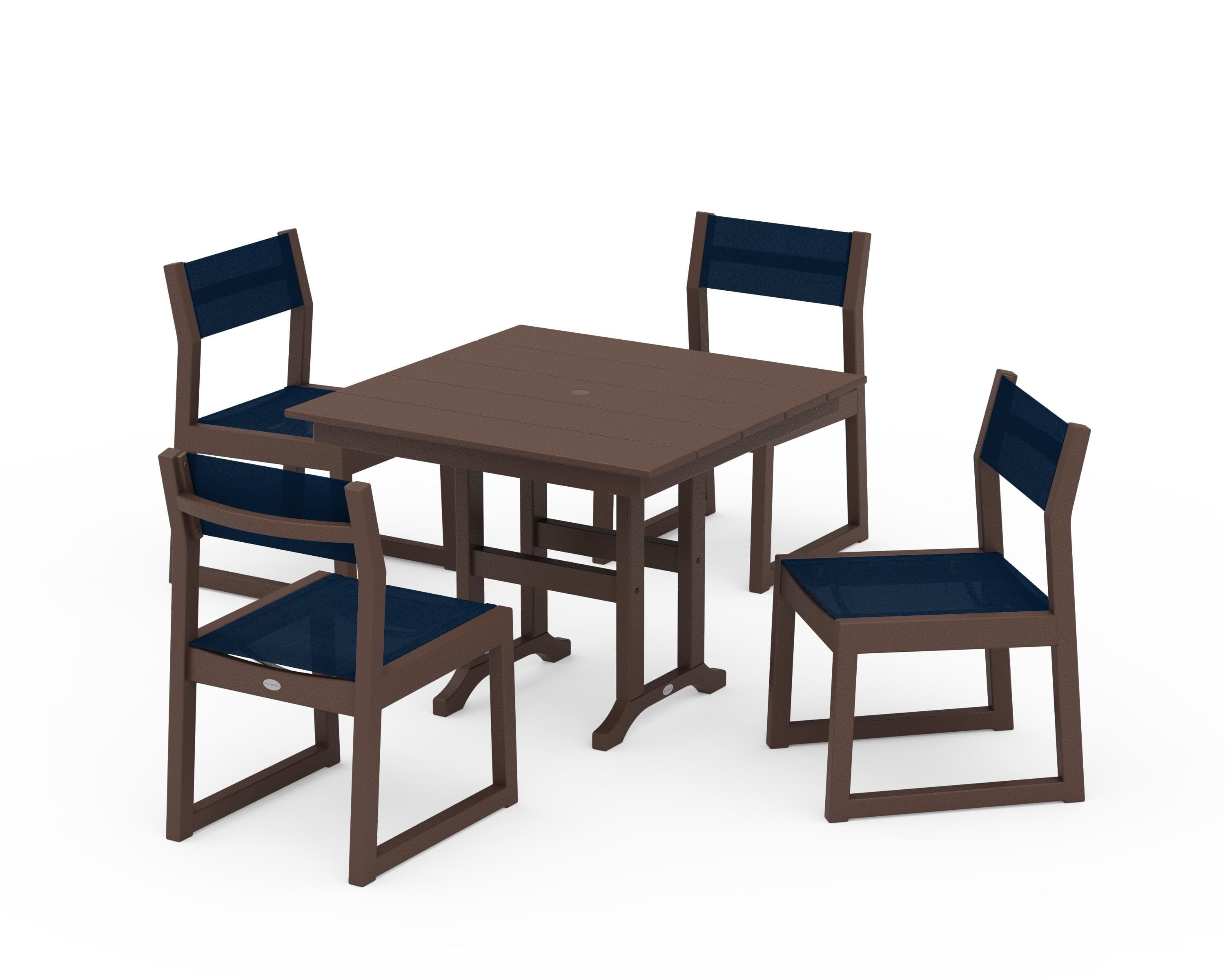 POLYWOOD® EDGE Sling Side Chair 5-Piece Farmhouse Dining Set in Mahogany / Navy Blue Sling