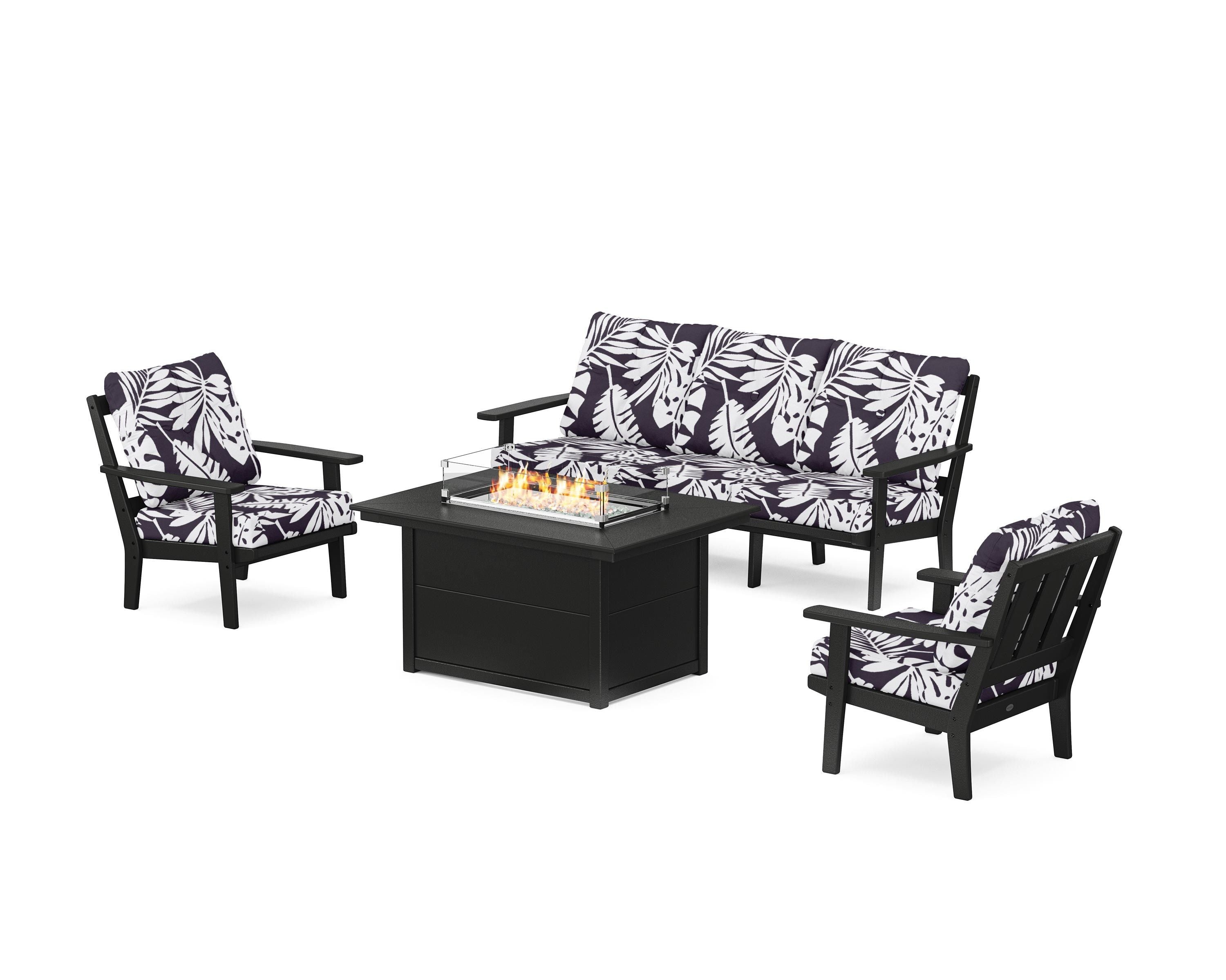 POLYWOOD® Oxford Deep Seating Fire Pit Table Set in Black / Leaf Navy