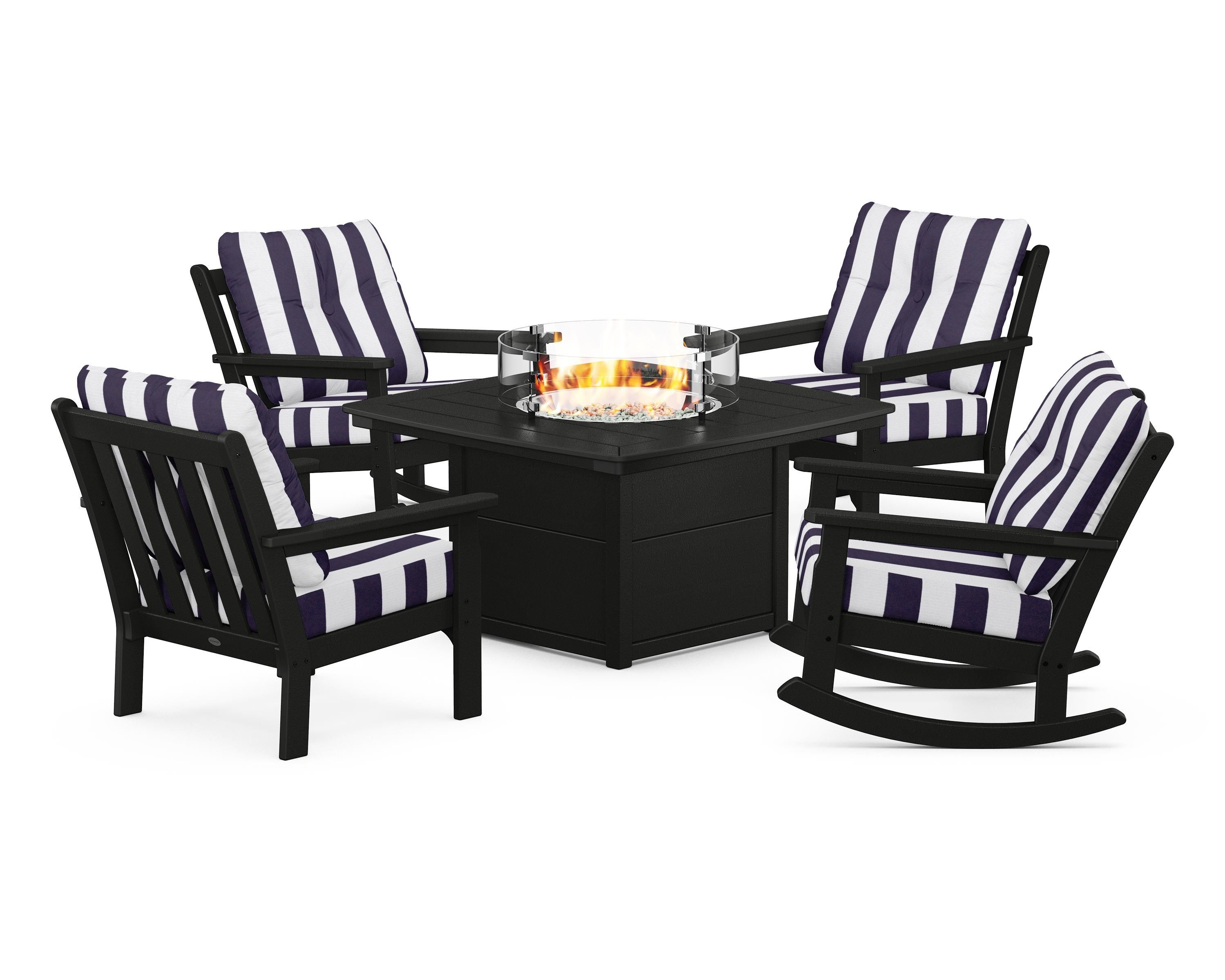 POLYWOOD® Vineyard 5-Piece Deep Seating Rocking Chair Conversation Set with Fire Pit Table in Black / Cabana Stripe Navy