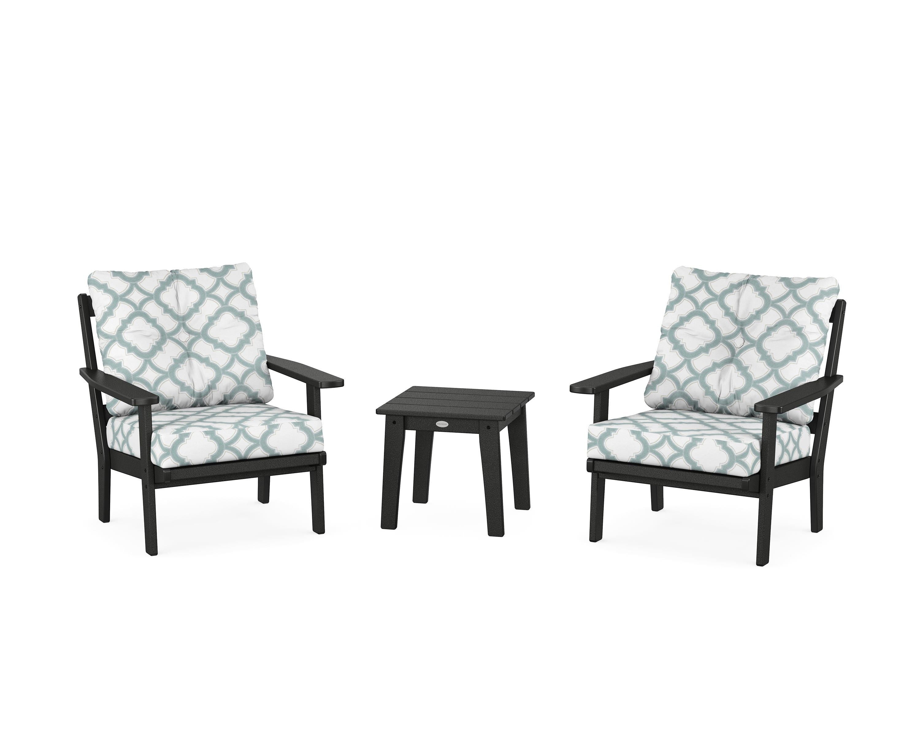 POLYWOOD® Oxford 3-Piece Deep Seating Set in Black / Trellis Glacier Spa