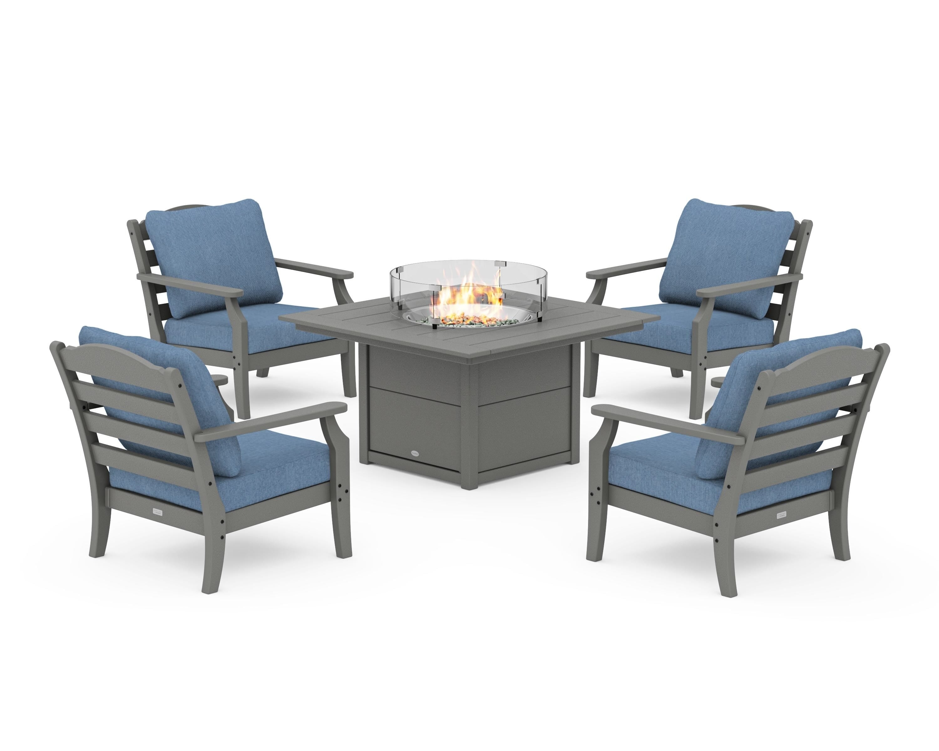Draper James™ by POLYWOOD® Savannah 5-Piece Deep Seating Set with Fire Pit Table in Slate Grey / Sky Blue