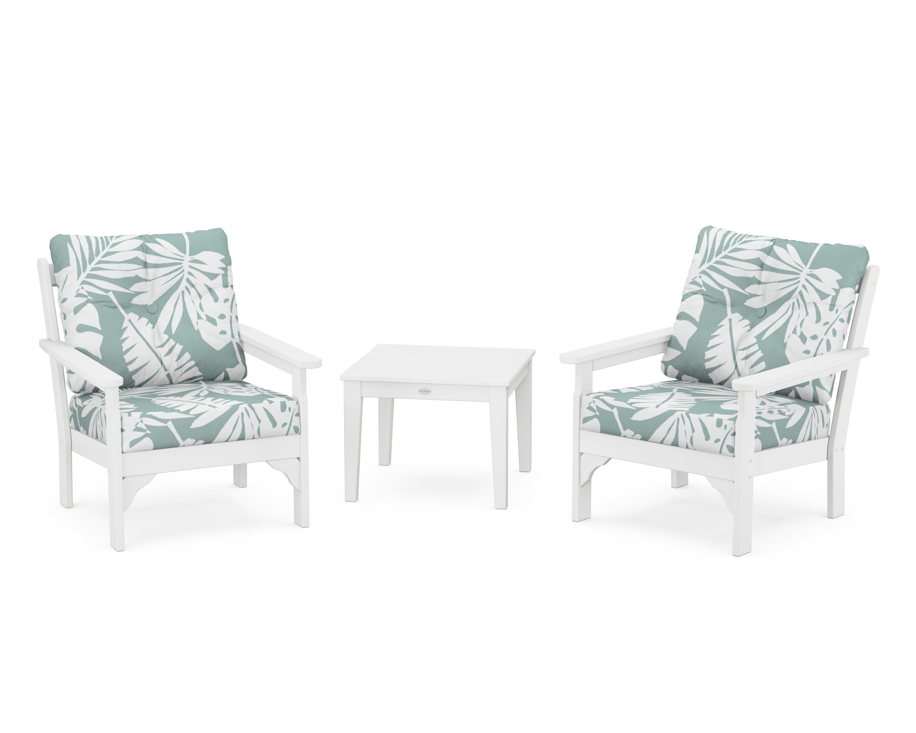 POLYWOOD® Vineyard 3-Piece Deep Seating Set in White / Leaf Glacier Spa