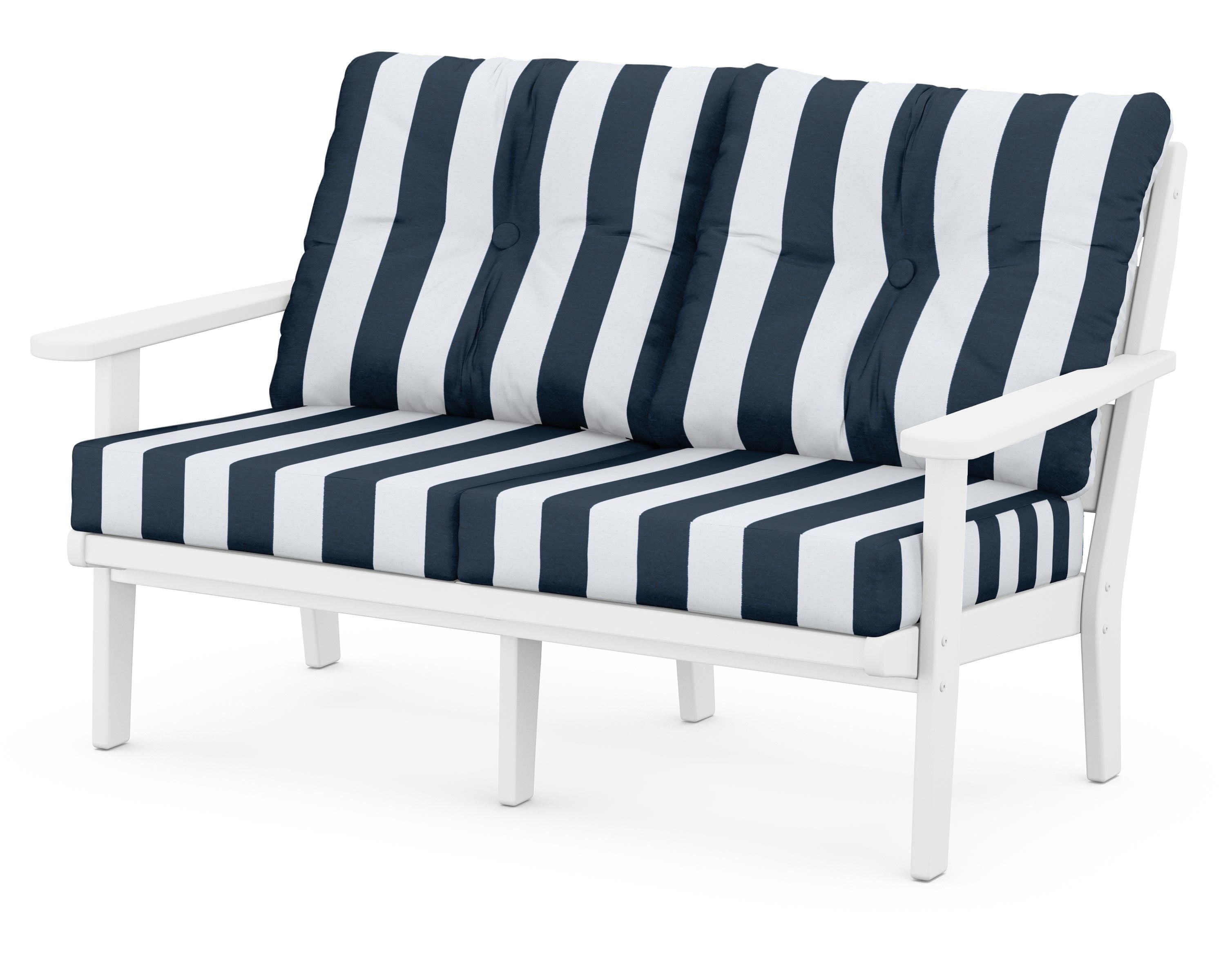 POLYWOOD® Lakeside Deep Seating Loveseat in White / Cabana Stripe Marine Indigo