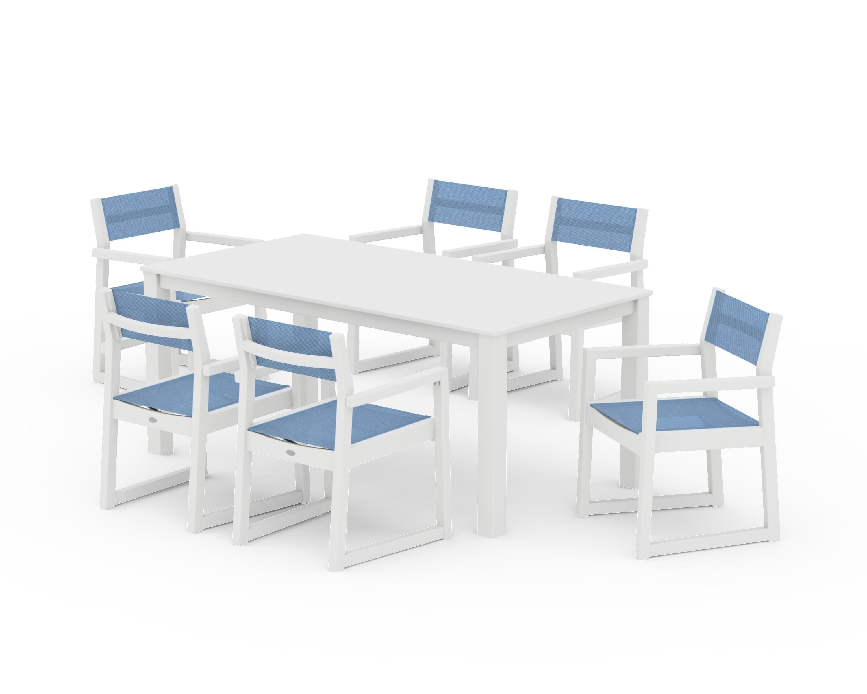 POLYWOOD® EDGE Sling Arm Chair 7-Piece Parsons Dining Set in White / Poolside Sling