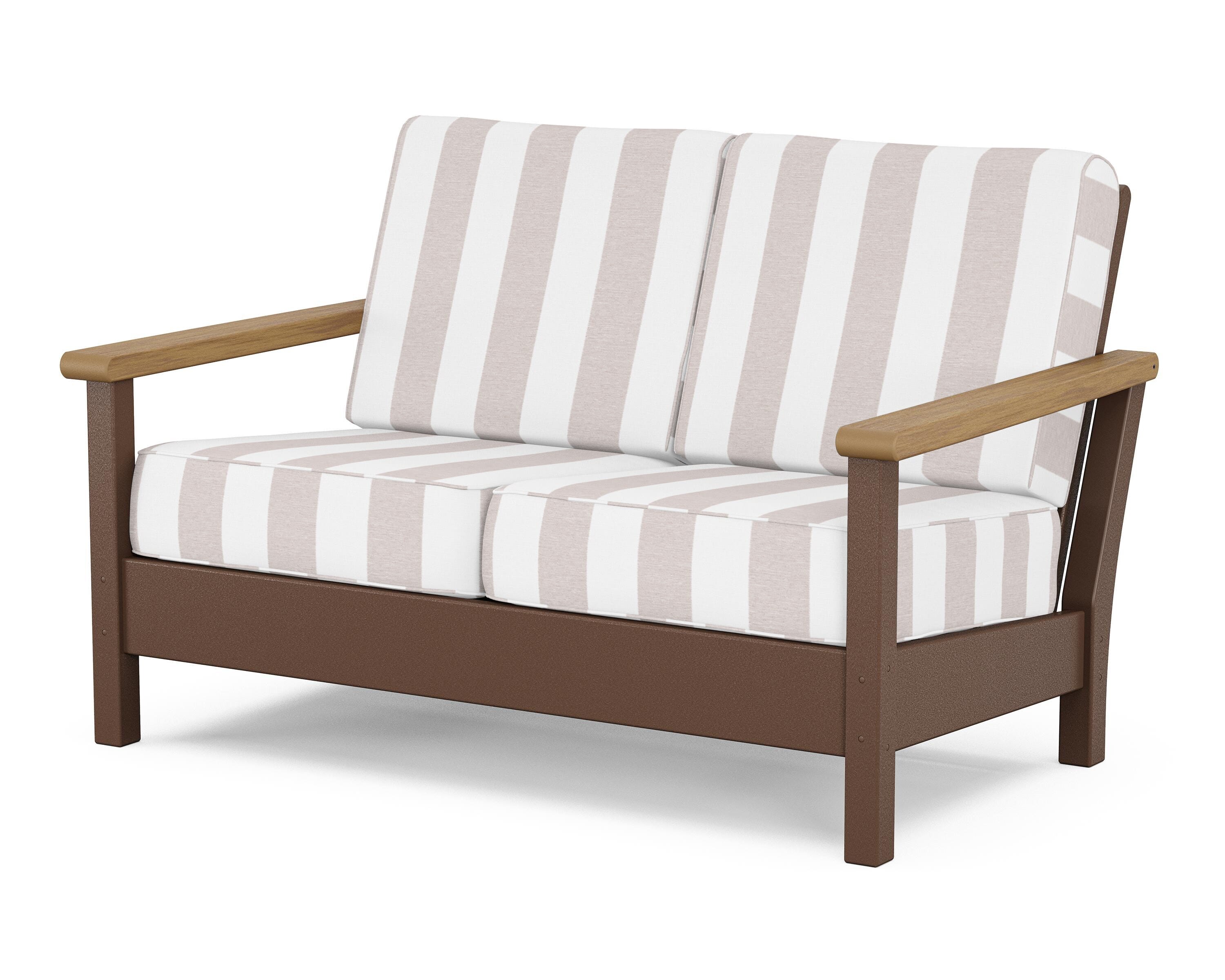 POLYWOOD® Harbour Deep Seating Loveseat in Mahogany / Natural / Cabana Stripe Dune Burlap