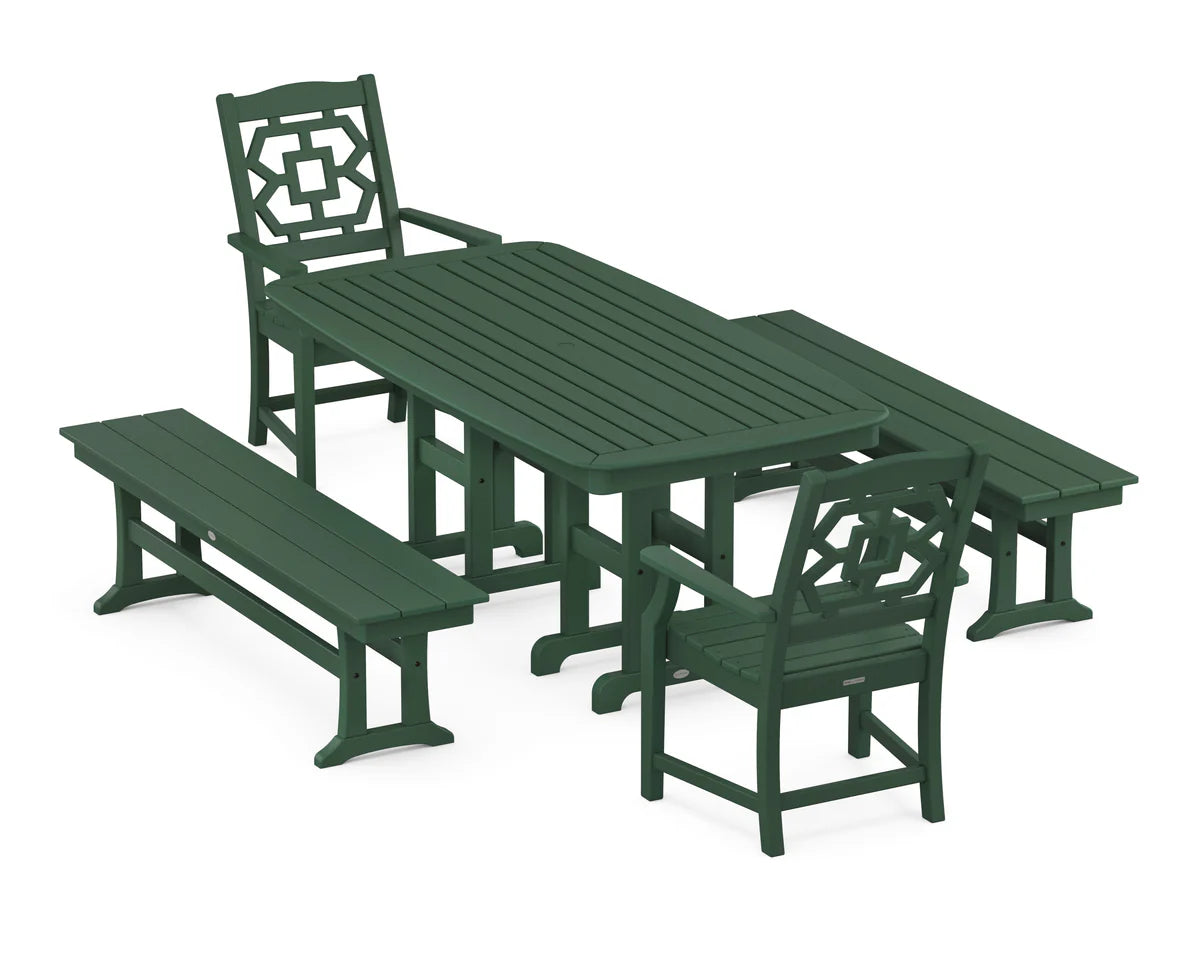 Chinoiserie 5-Piece Dining Set with Benches