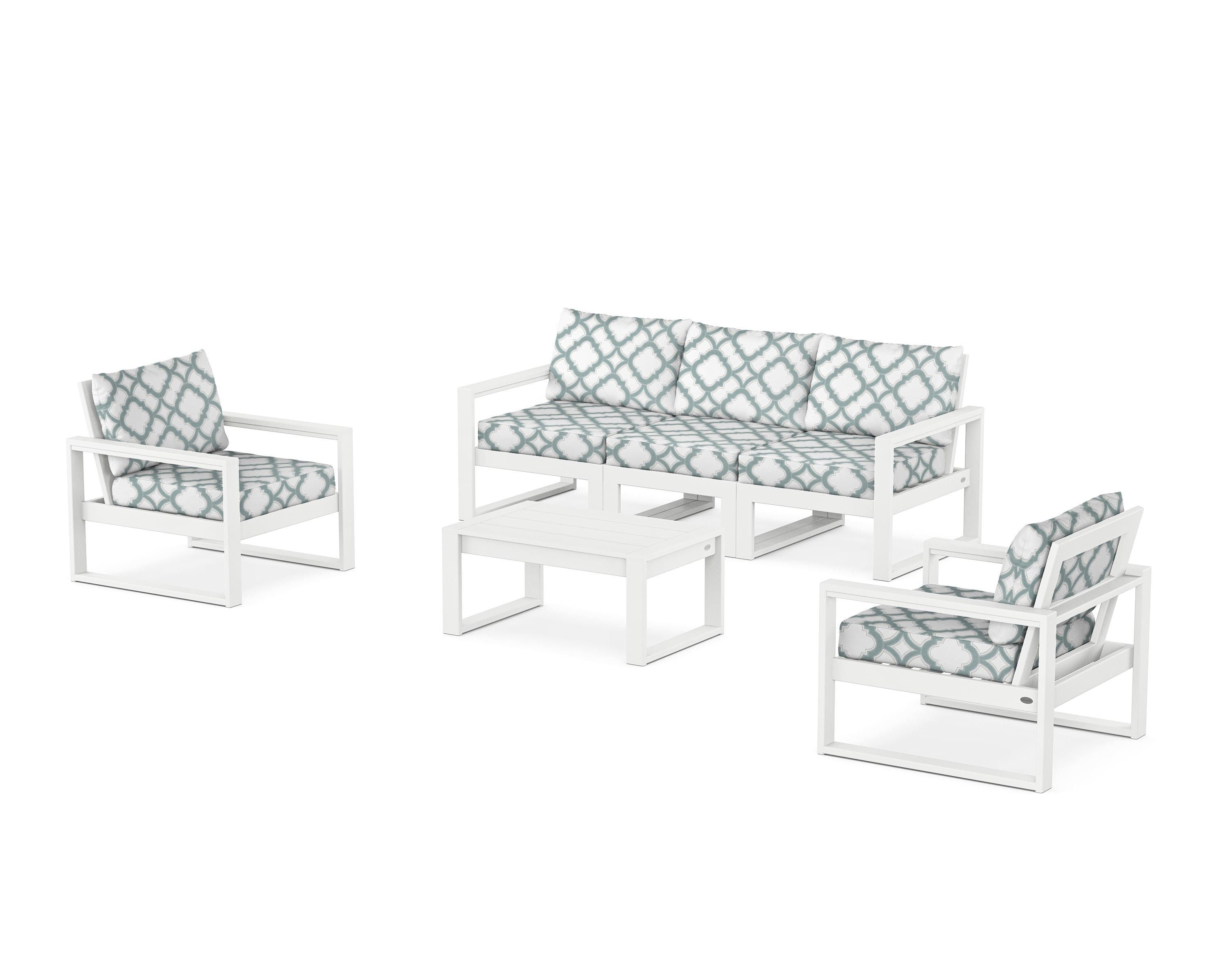 POLYWOOD® EDGE Sectional 4-Piece Deep Seating Set with Sofa in White / Trellis Glacier Spa