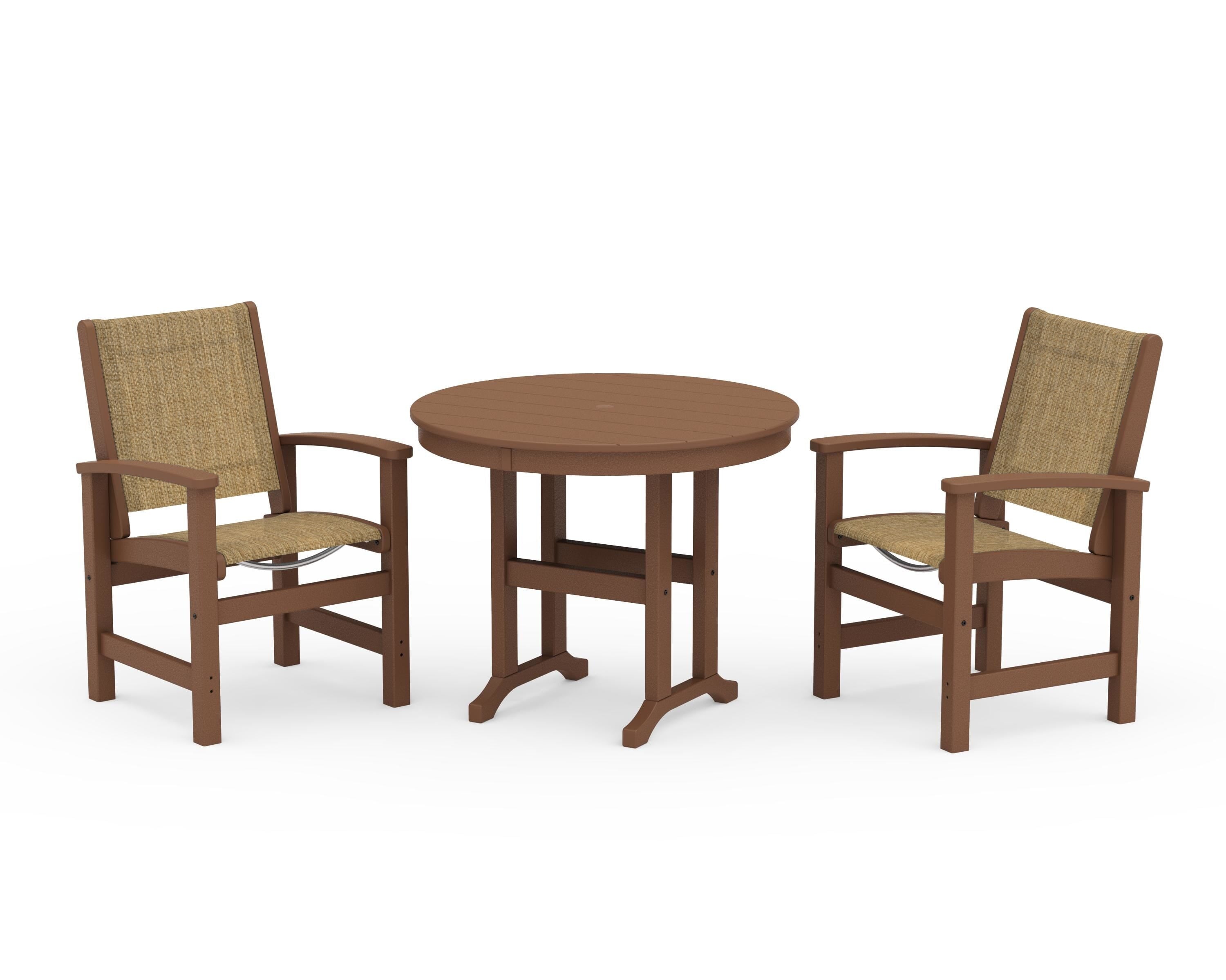 POLYWOOD® Coastal 3-Piece Round Dining Set in Teak / Burlap Sling
