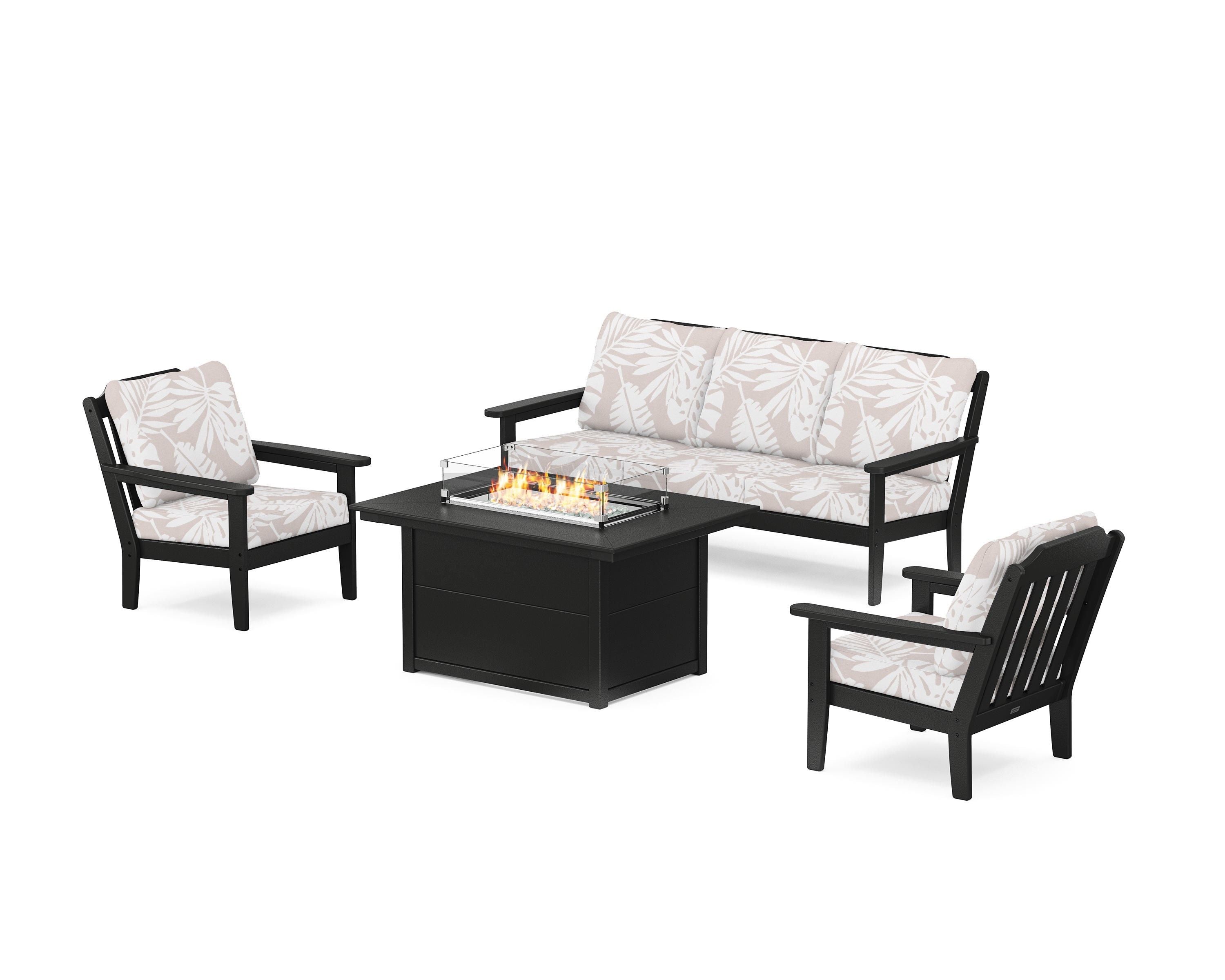 Country Living Cottage Deep Seating Fire Pit Table Set in Black / Leaf Dune Burlap