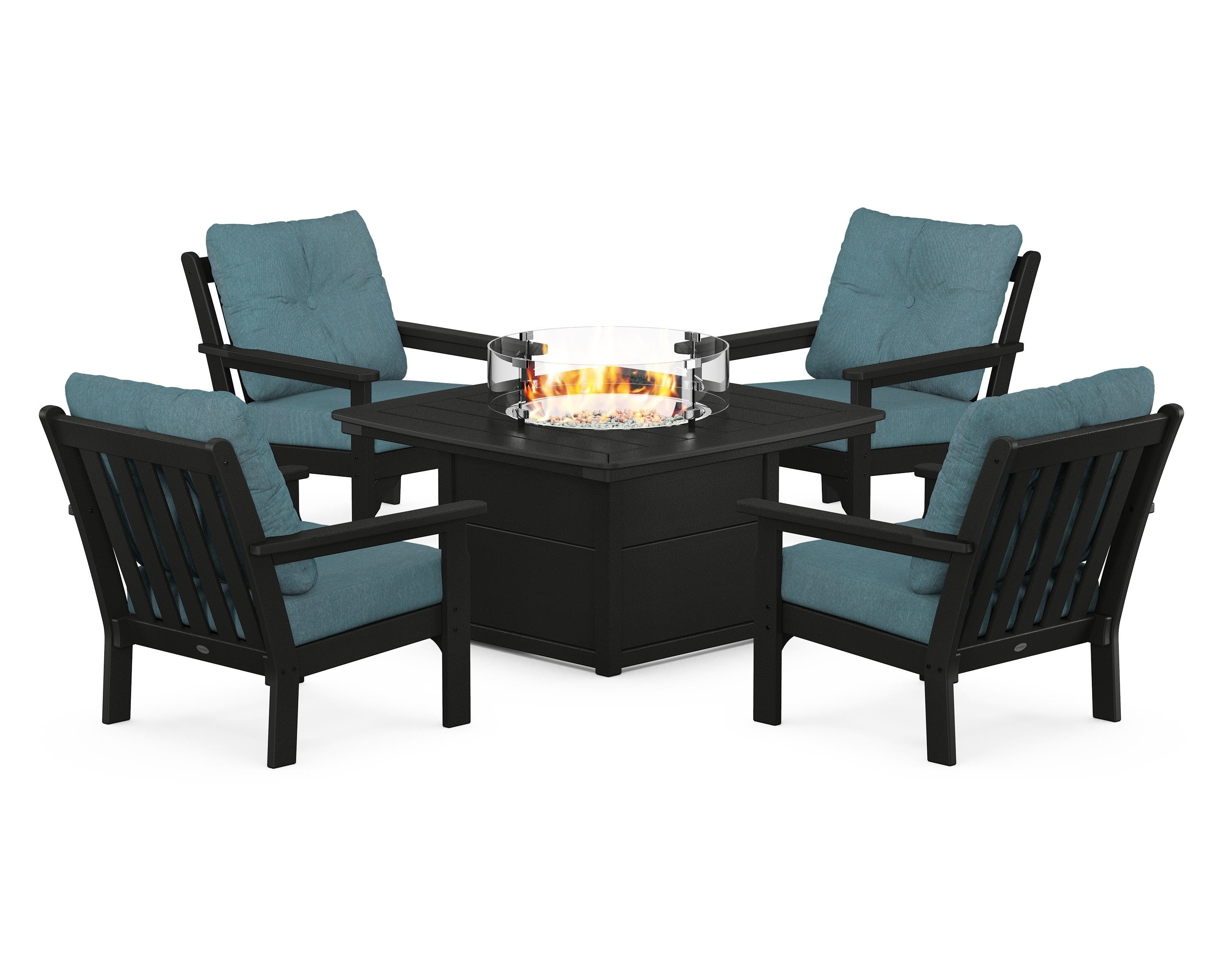 POLYWOOD® Vineyard 5-Piece Conversation Set with Fire Pit Table in Black / Ocean Teal