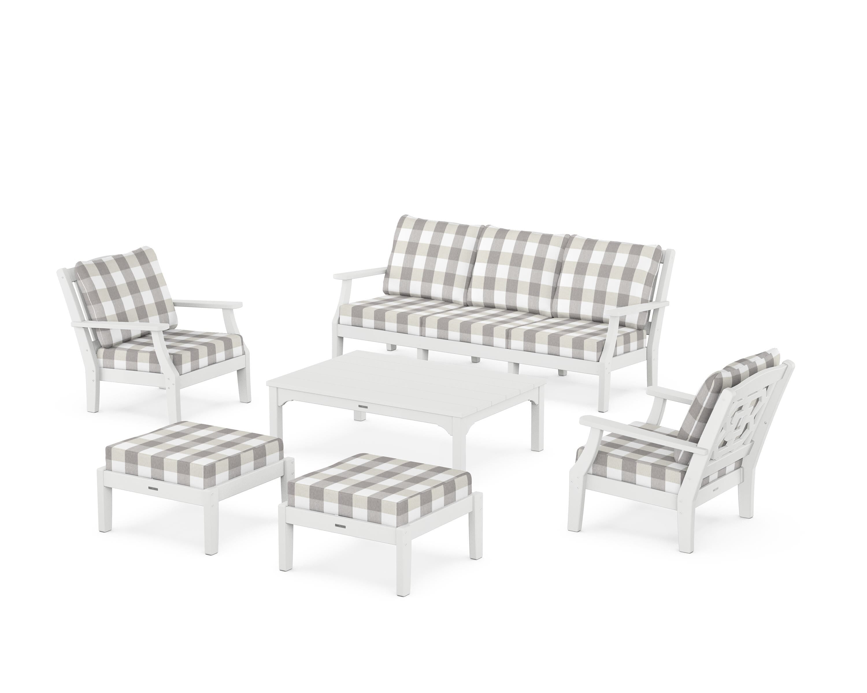 Martha Stewart by POLYWOOD® Chinoiserie 6-Piece Lounge Sofa Set in White / Buffalo Plaid Grey Mist