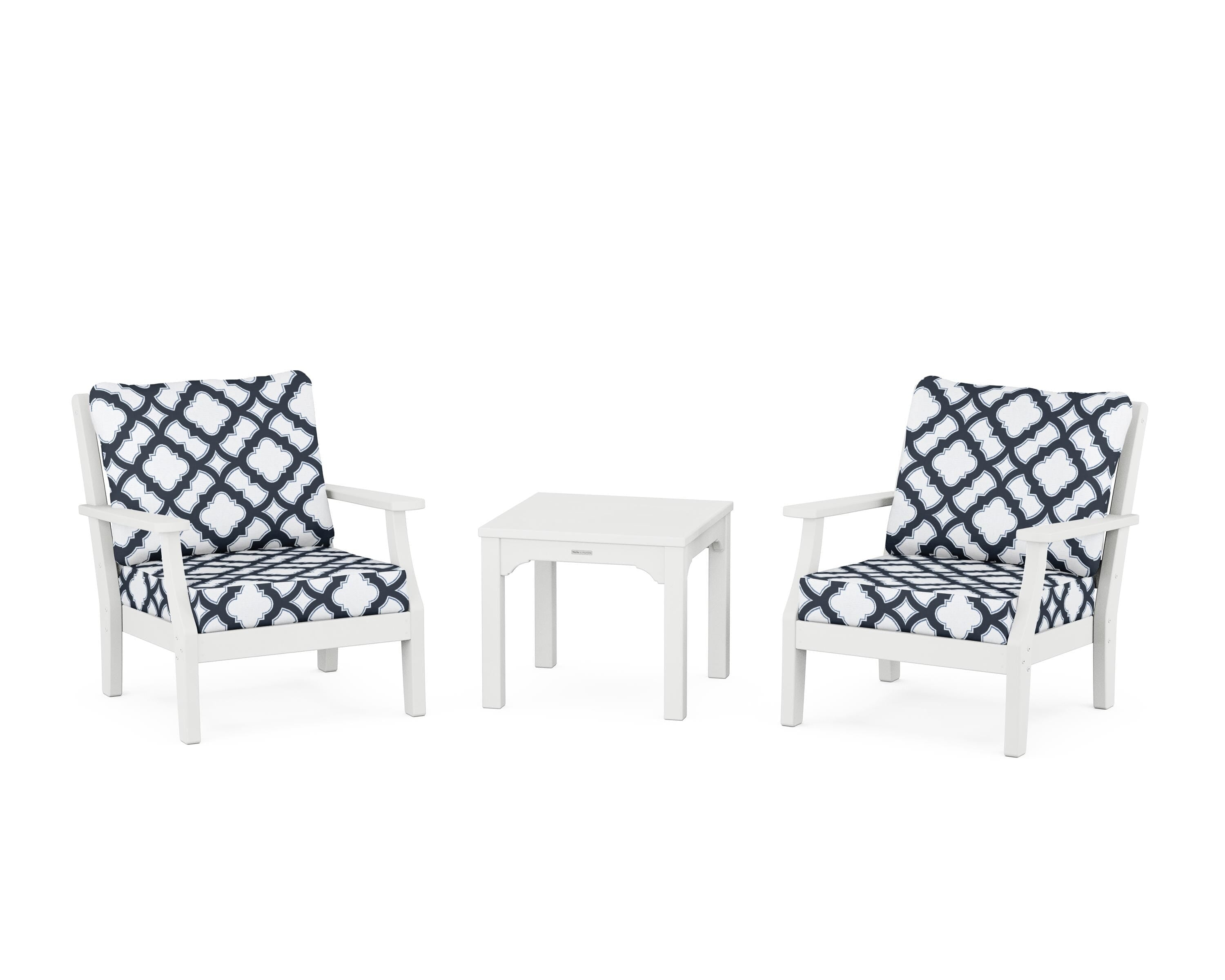 Martha Stewart by POLYWOOD® Chinoiserie 3-Piece Deep Seating Set in White / Trellis Marine Indigo