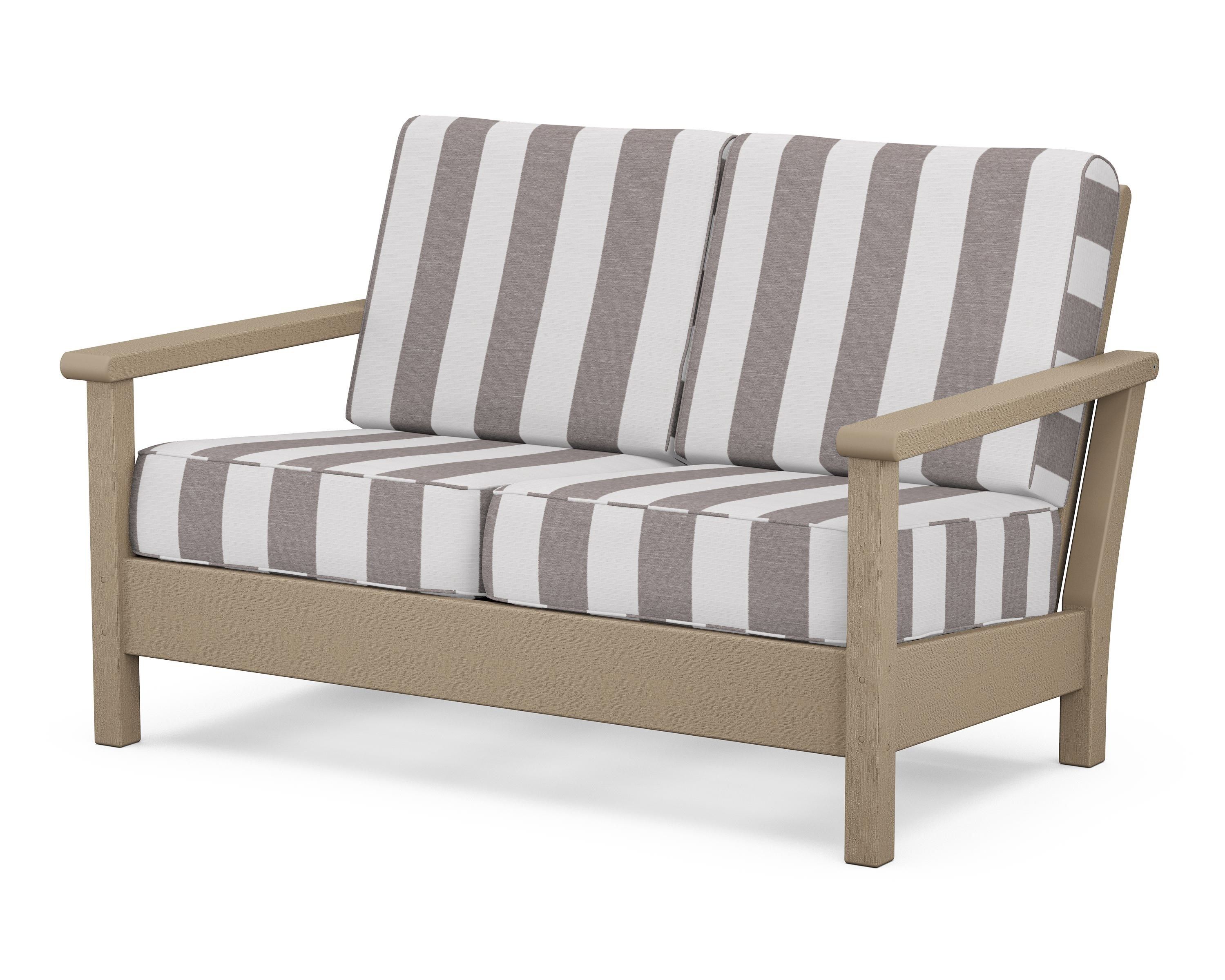 POLYWOOD® Harbour Deep Seating Loveseat in Vintage Sahara / Cabana Stripe Grey Mist