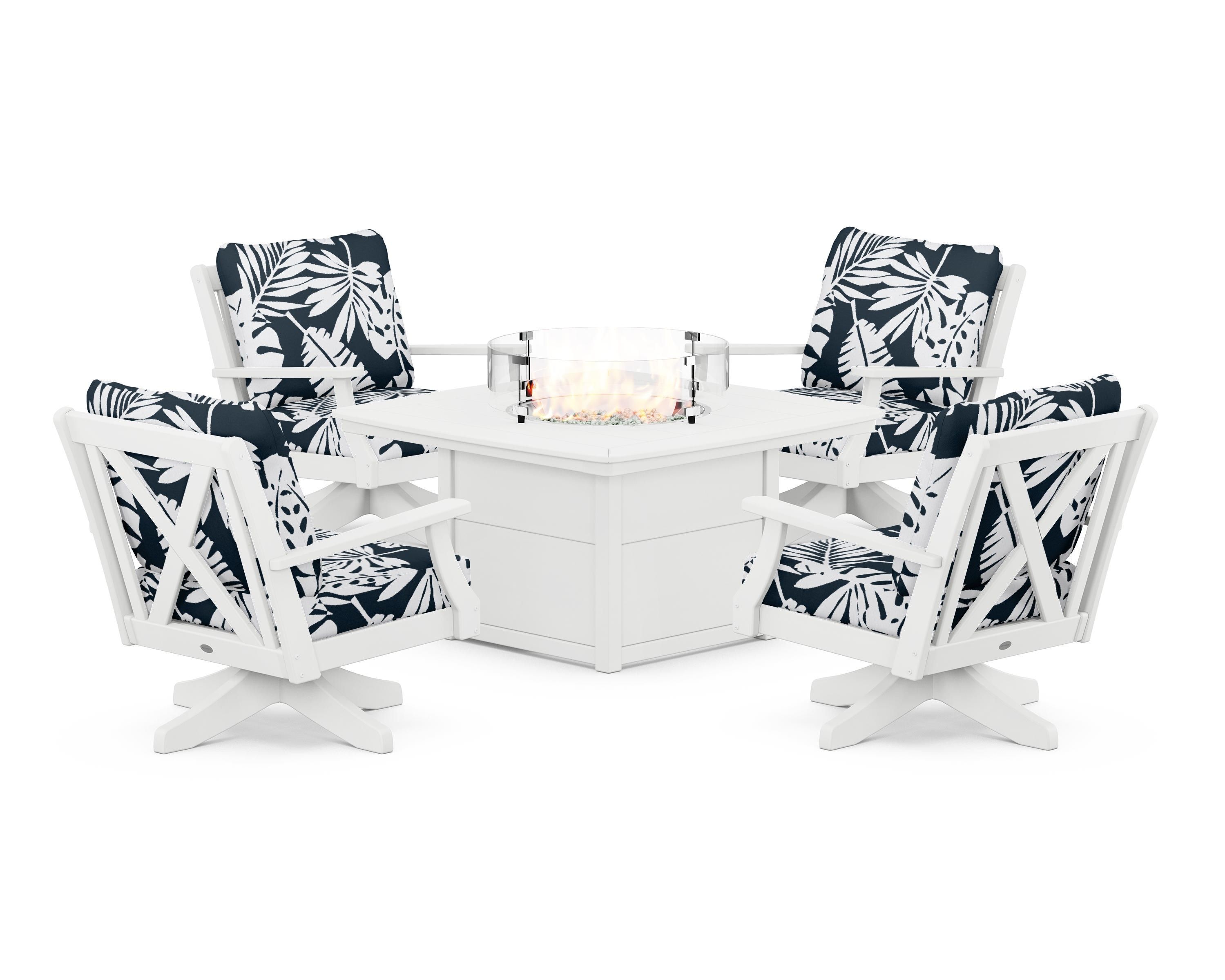 POLYWOOD® Braxton 5-Piece Deep Seating Swivel Conversation Set with Fire Pit Table in White / Leaf Marine Indigo