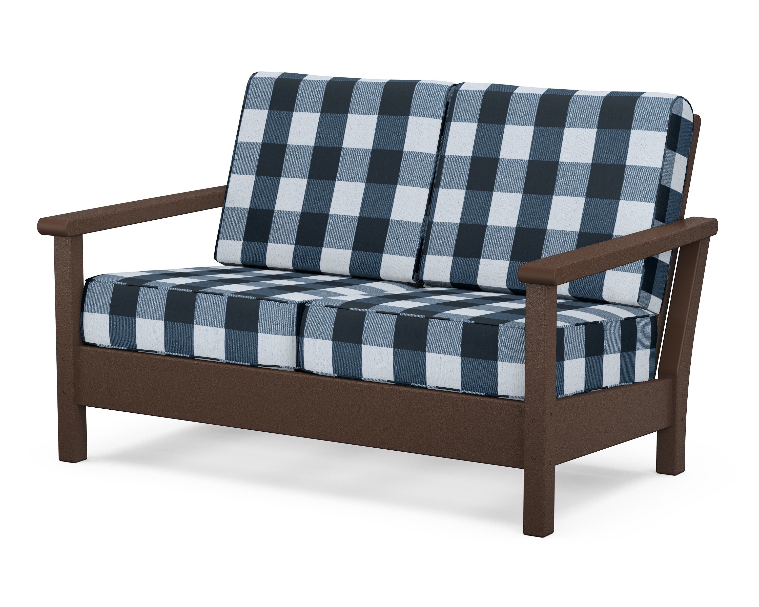 POLYWOOD® Harbour Deep Seating Loveseat in Mahogany / Buffalo Plaid Marine Indigo