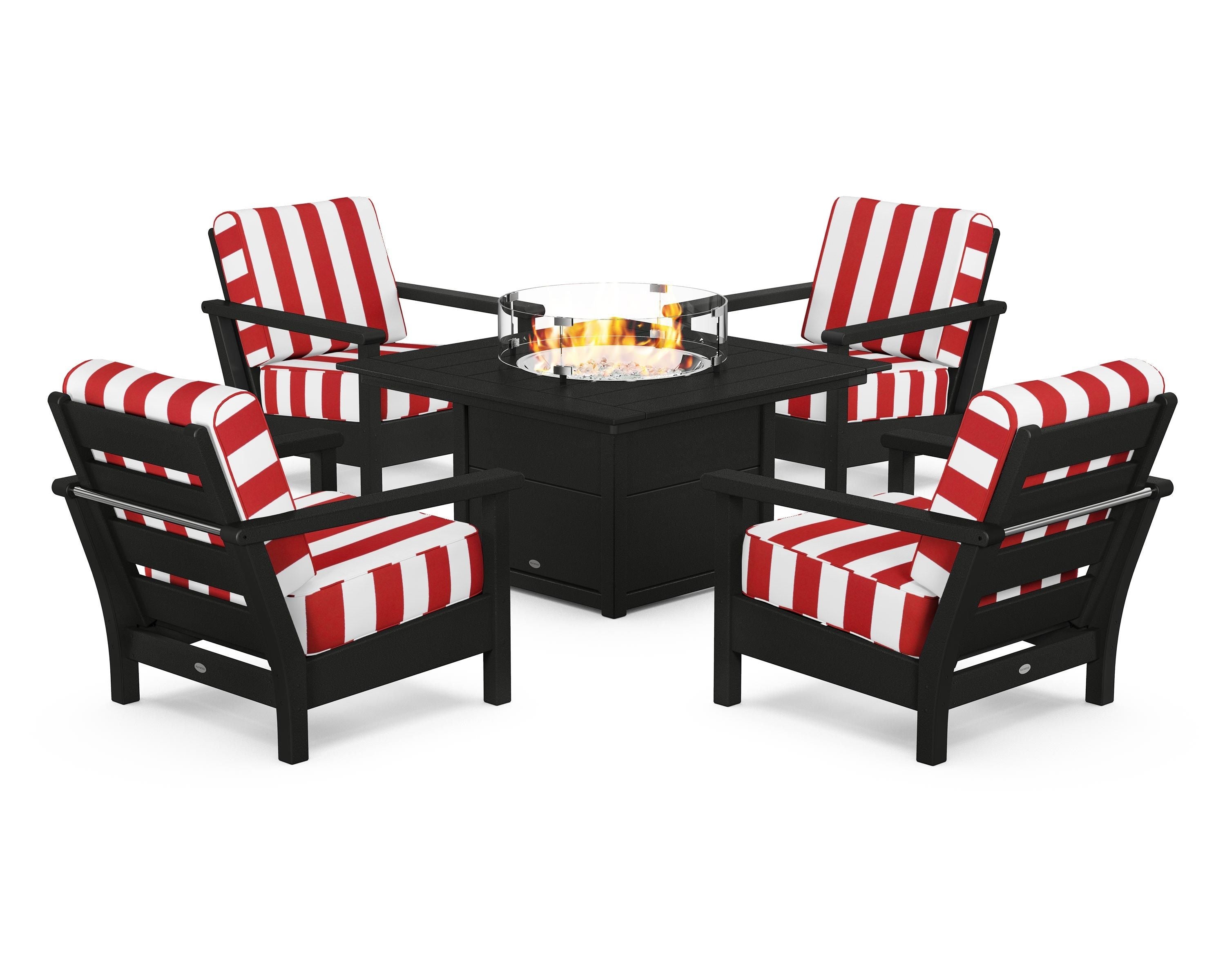 POLYWOOD® Harbour 5-Piece Conversation Set with Fire Pit Table in Black / Cabana Stripe Crimson