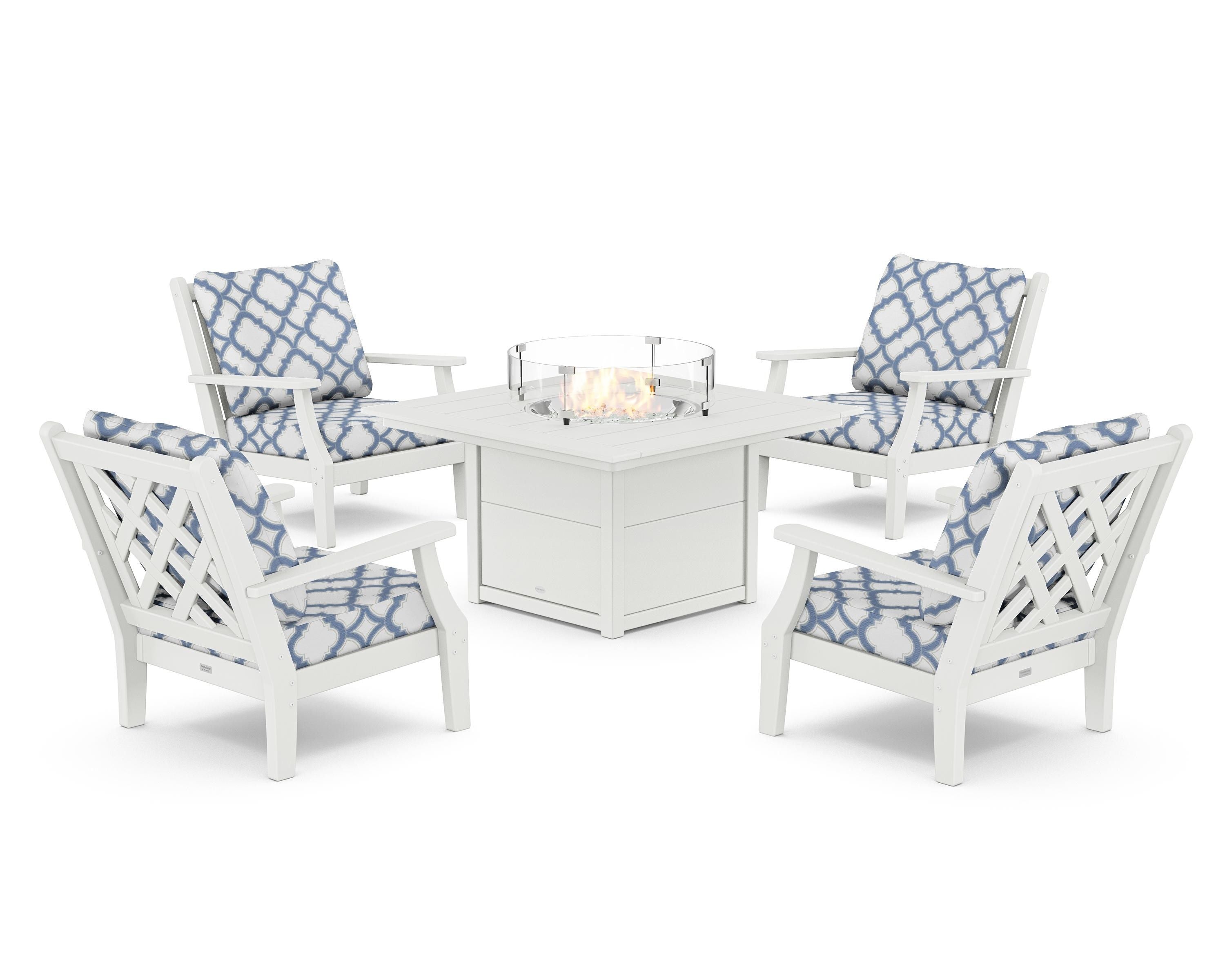 Country Living Wovendale 5-Piece Deep Seating Set with Fire Pit Table in White / Trellis Sky Blue